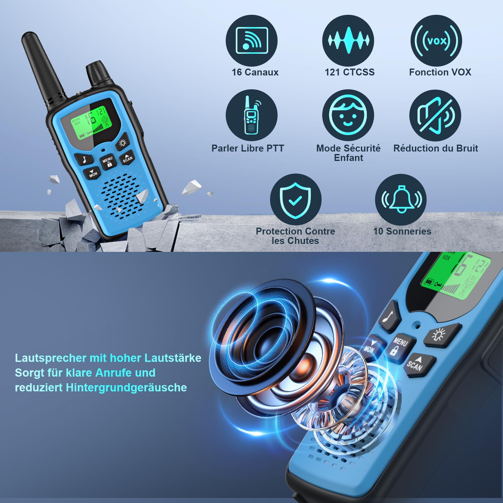 Walkie Talkie para Niños, Paquete de 3 Recargables, Radio de 16 Canales, Alcance de 5 km para Adultos, con Batería de Iones de Litio, VOX, Linterna LED, Pantalla LCD