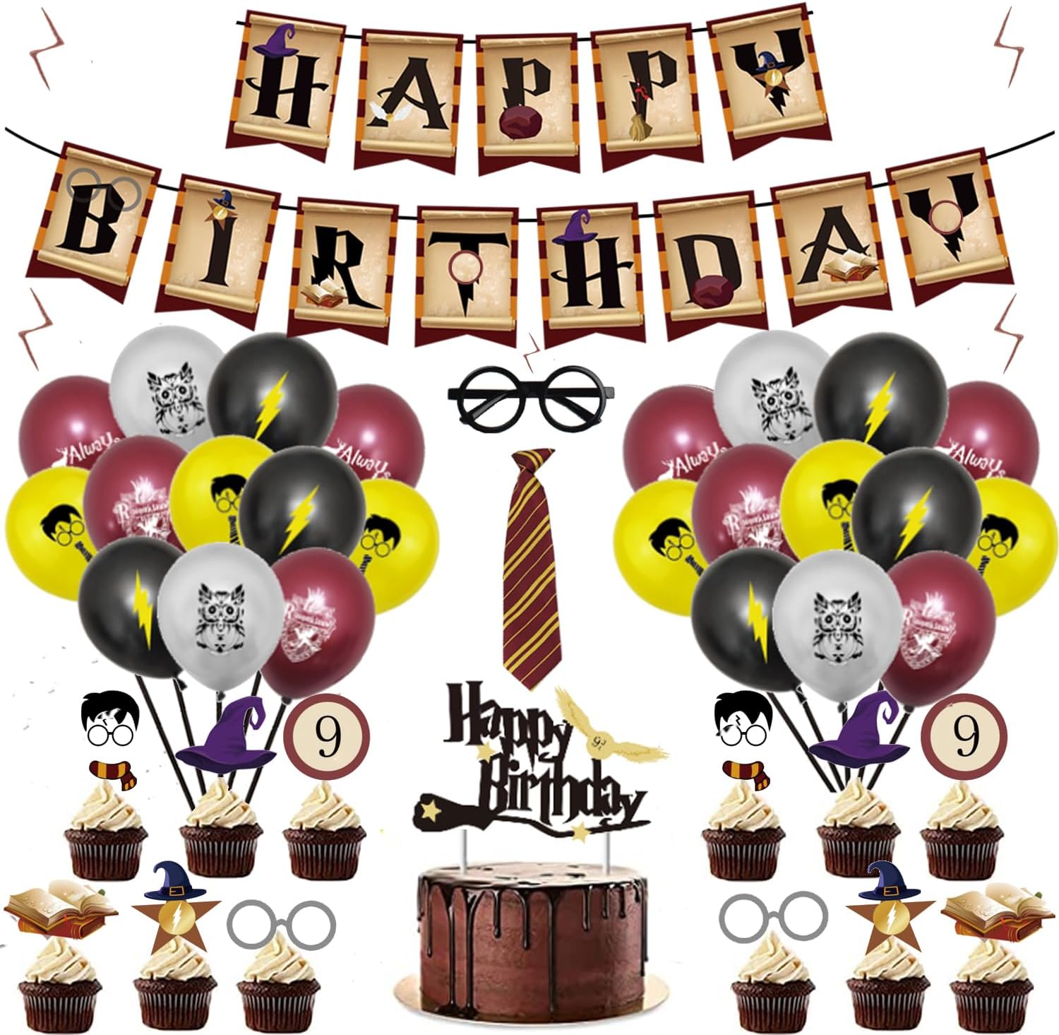 Finypa Magical Wizard Birthday Decorations - Glasses, Banner, Cupcake Toppers, Tattoos, Tie and Balloons for Party