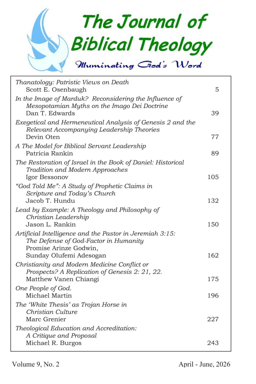 The Journal of Biblical Theology, Volume 9, Number 2: April - June, 2026