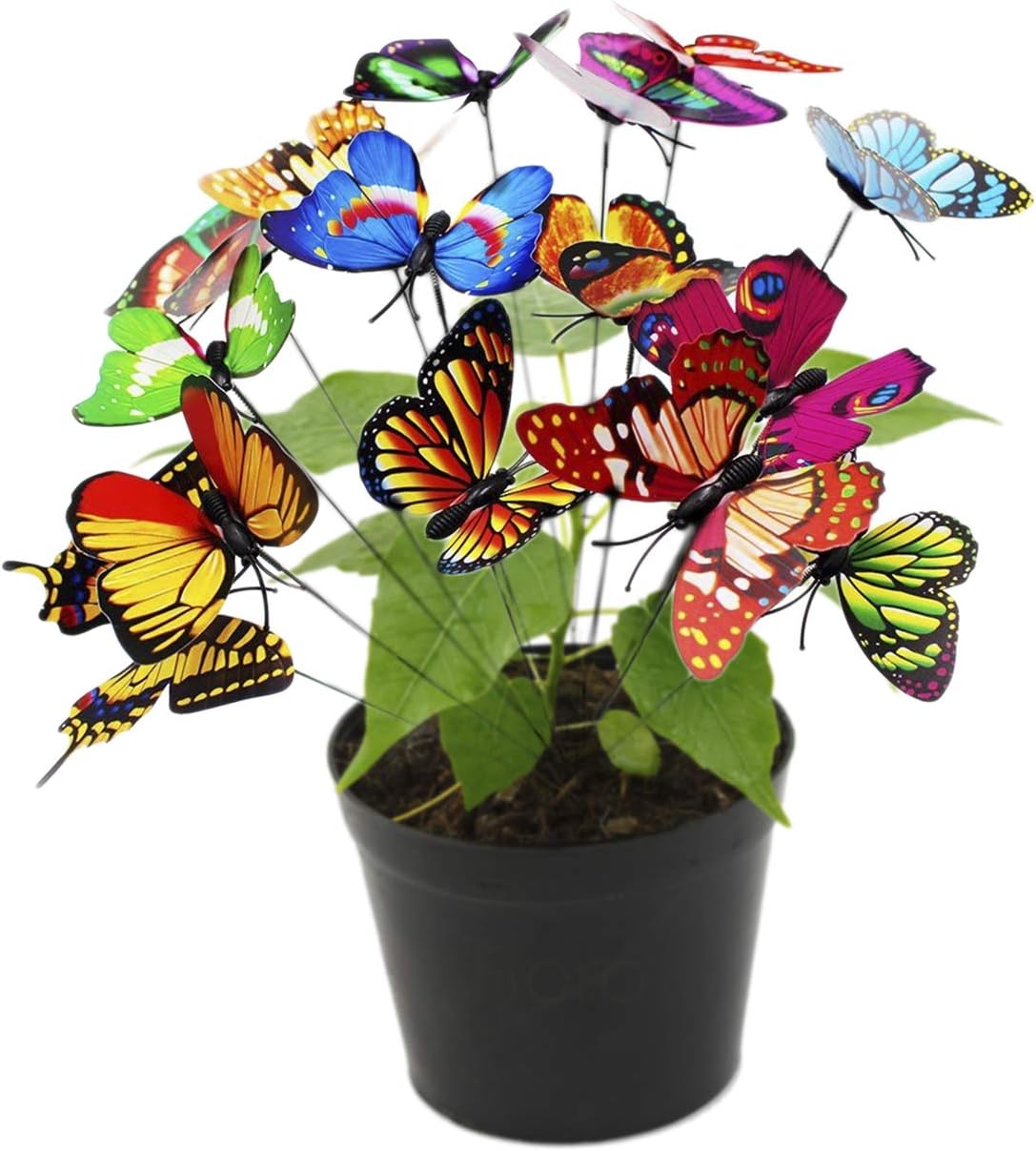 FLORO Butterfly Stakes, 10x2.75 Inches, Multicolored 3D Wings That Push Open or Close, Waterproof Butterflies for Flower Bed, Long Bendable Stick to Decorate Flower Pots or Patio, 30 Pack