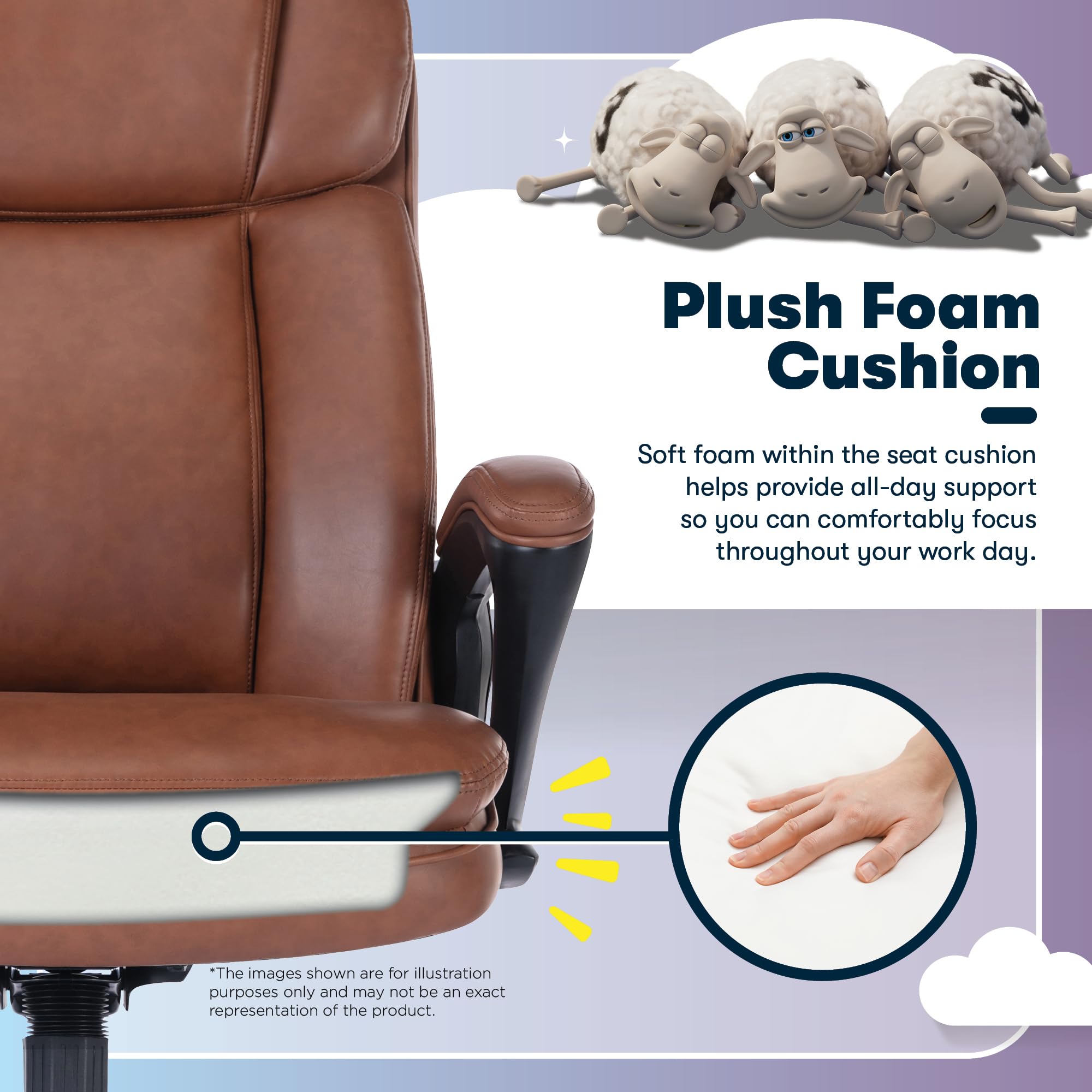 Serta Fairbanks Big & Tall Executive Office Chair, Ergonomic Comfy High-Back ComputerChairs with Lumbar Support, Semi-Plush Seat Cushion, Padded Armrests, Nylon Swivel Base, Bonded Leather, Cognac