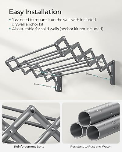 Miniatura 7 de SONGMICS Tendedero de ropa para colgar en la pared, estante para ropa de acordeón, 9 varillas escalonadas para colgar, expandible y retráctil,