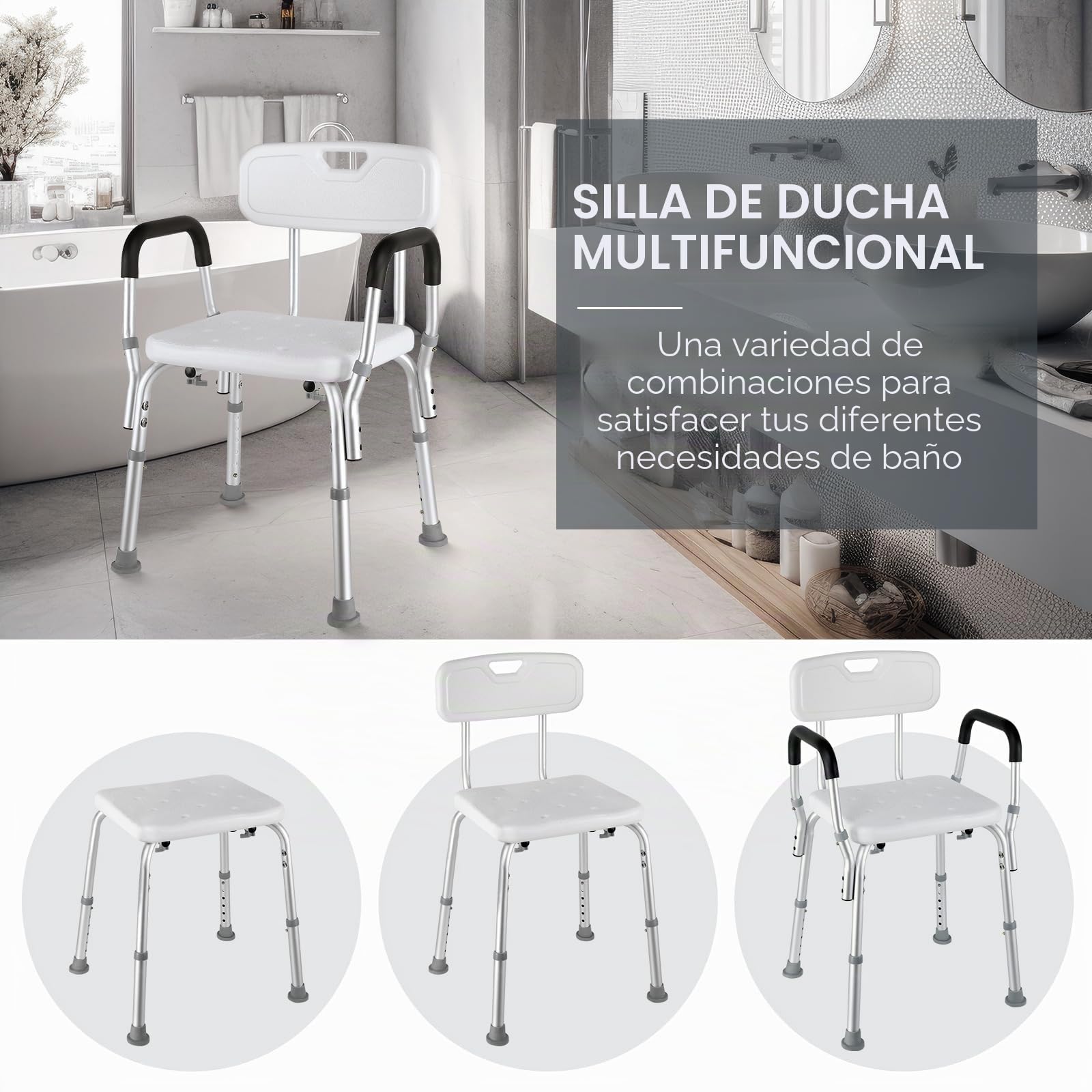 LIFERUN Silla de ducha ajustable, asiento de ducha con respaldo y brazos acolchados, pies antideslizantes, carga máxima de 136 kg, taburete de baño portátil para ancianos, discapacitados y embarazadas