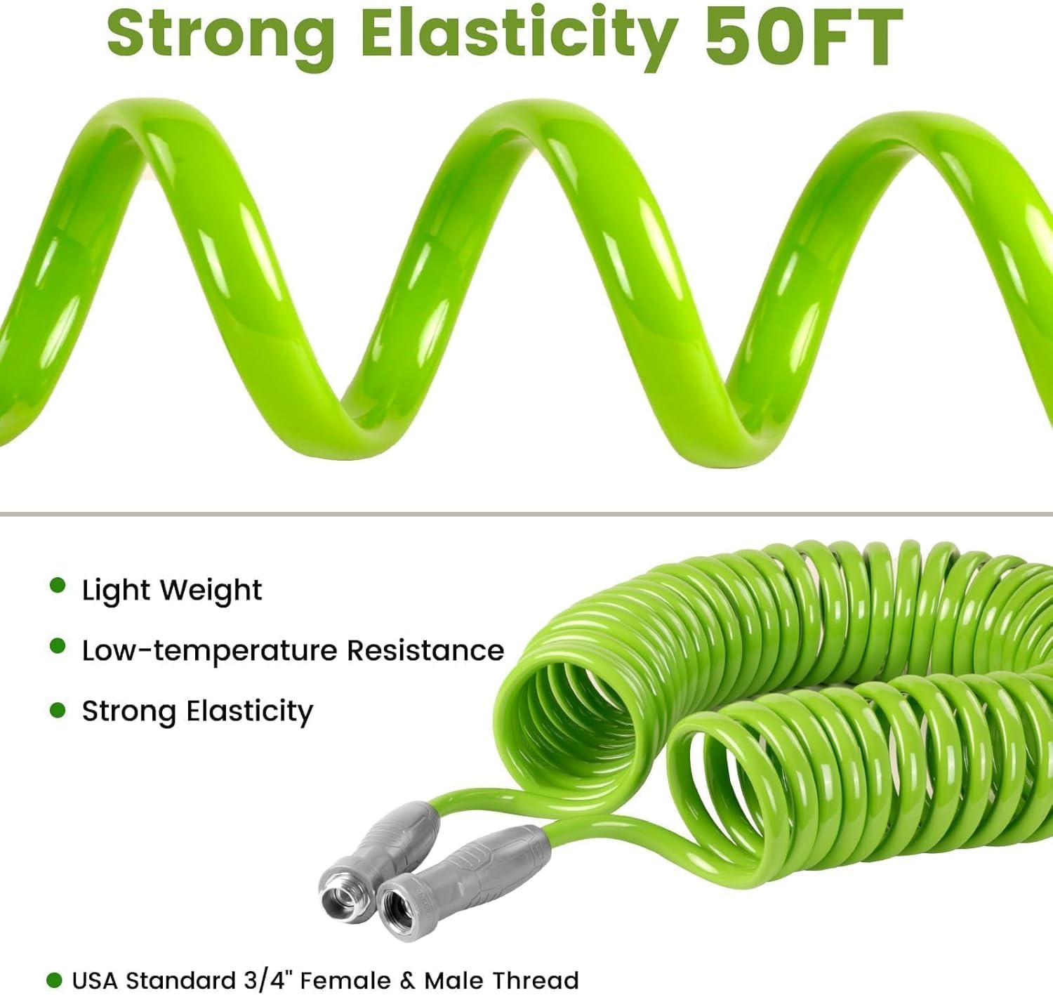 SPECILITE 1/2” Polyurethane Coil Garden Hose 50 FT, PU Flexible Recoil Water Hoses with 6-Pattern Spray Nozzle for Patio, Boat, Greenhouse and Yard