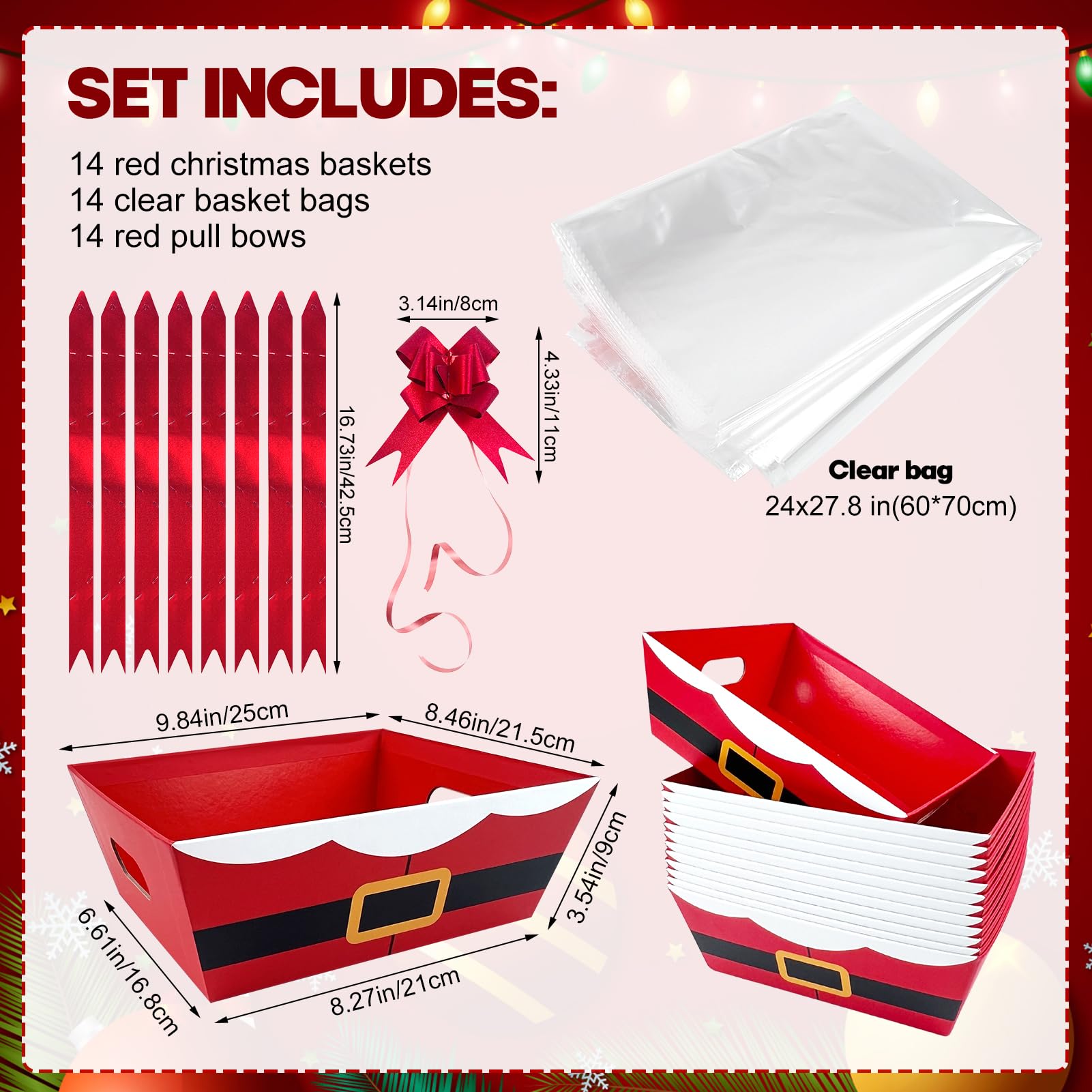Weihnachtskörbe für Geschenke, leer, 21,6 x 25,4 cm, mit Weihnachtsschleifen, transparente Geschenktüten, roter Weihnachtsmanngürtel, leere Geschenkkörbe, Set zum Befüllen für Winter, Weihnachten,