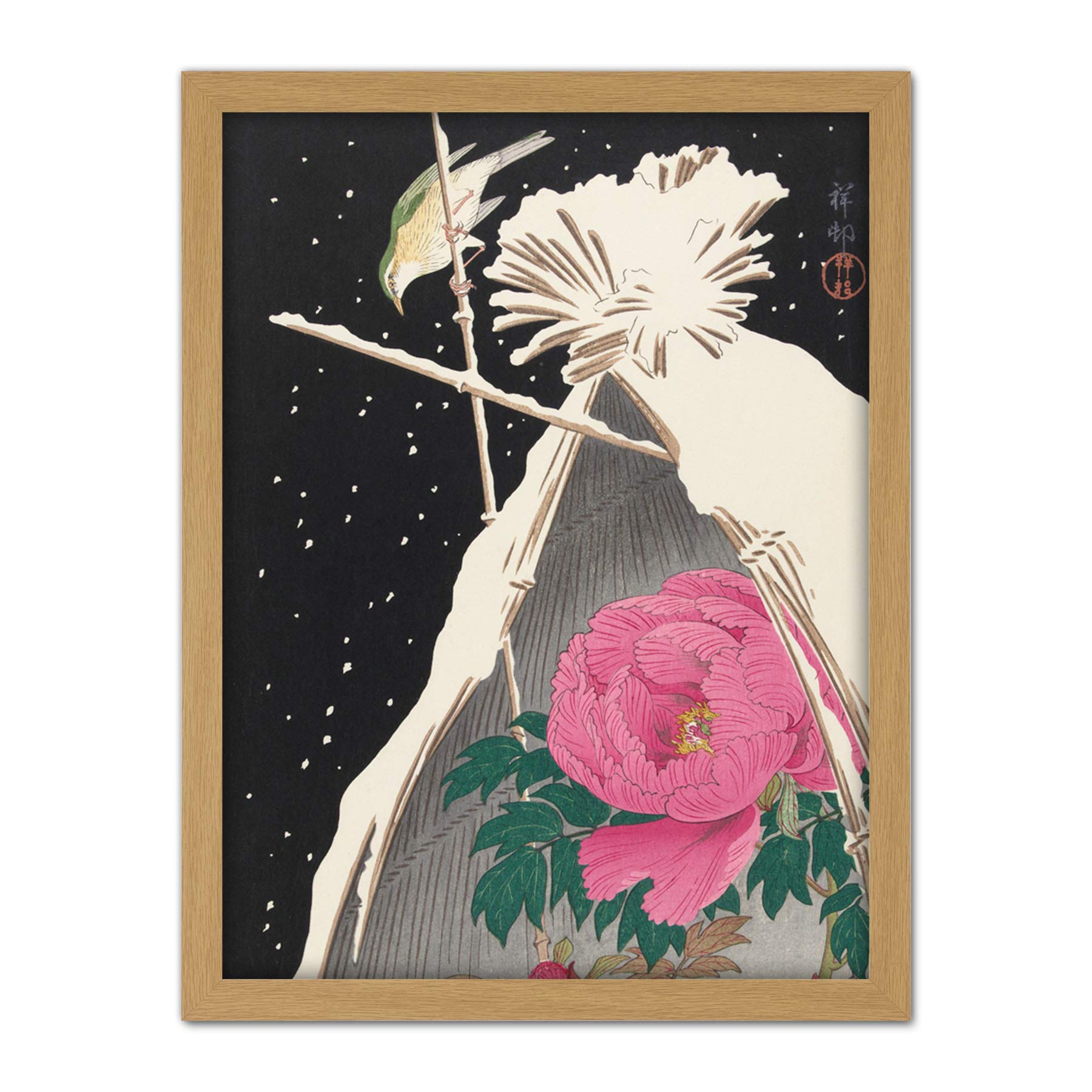 Artery8 Ohara Koson Siberian Bluechat Next To A Peony Artwork Framed Wall Art Print 18X24 Inch