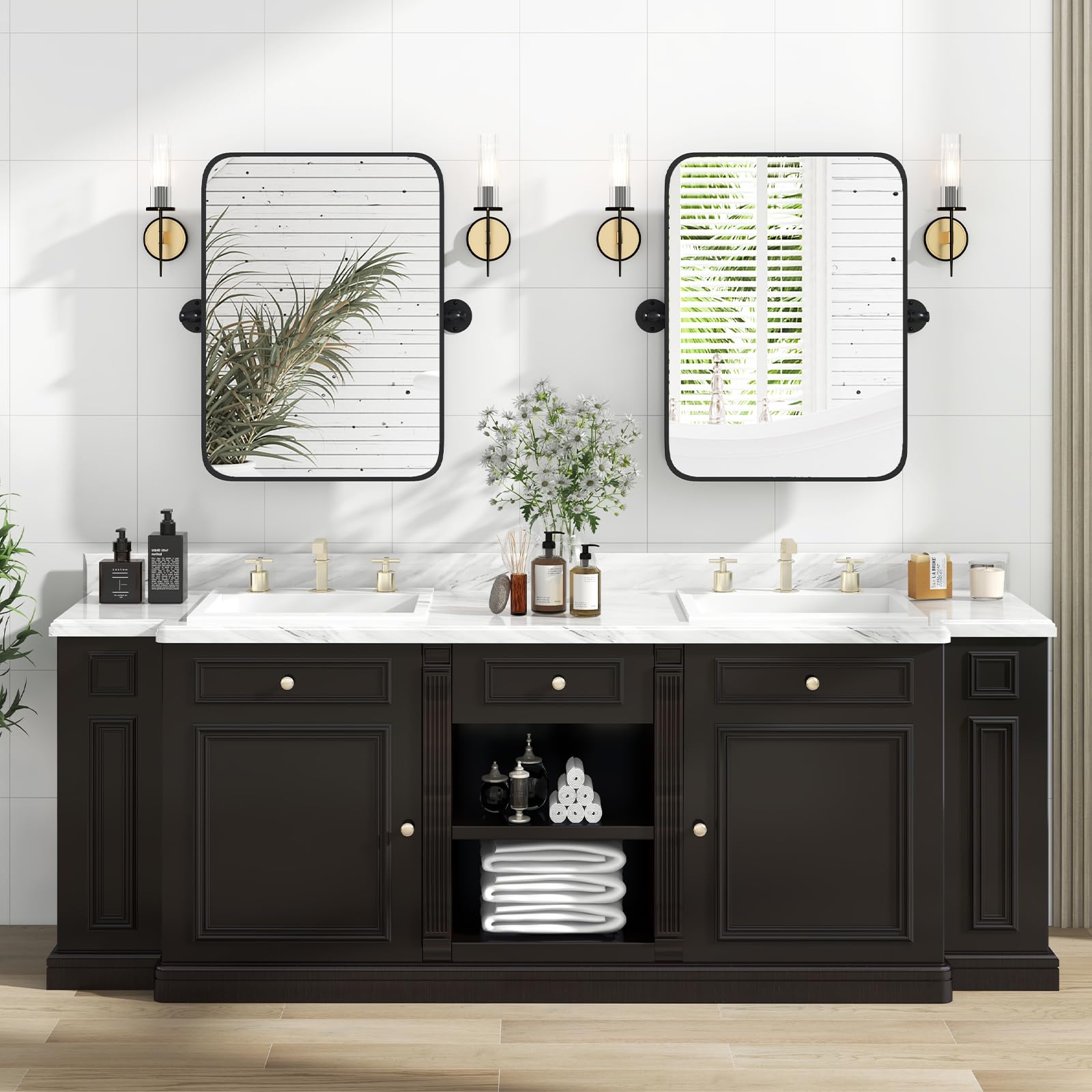 GYMAX Specchio da Bagno con Cornice in Metallo Nero, Specchio Rettangolare da Parete con Angoli Arrotondati e Staffe per Inclinazione, Specchio Decorativo Moderno, Verticale/Orizzontale