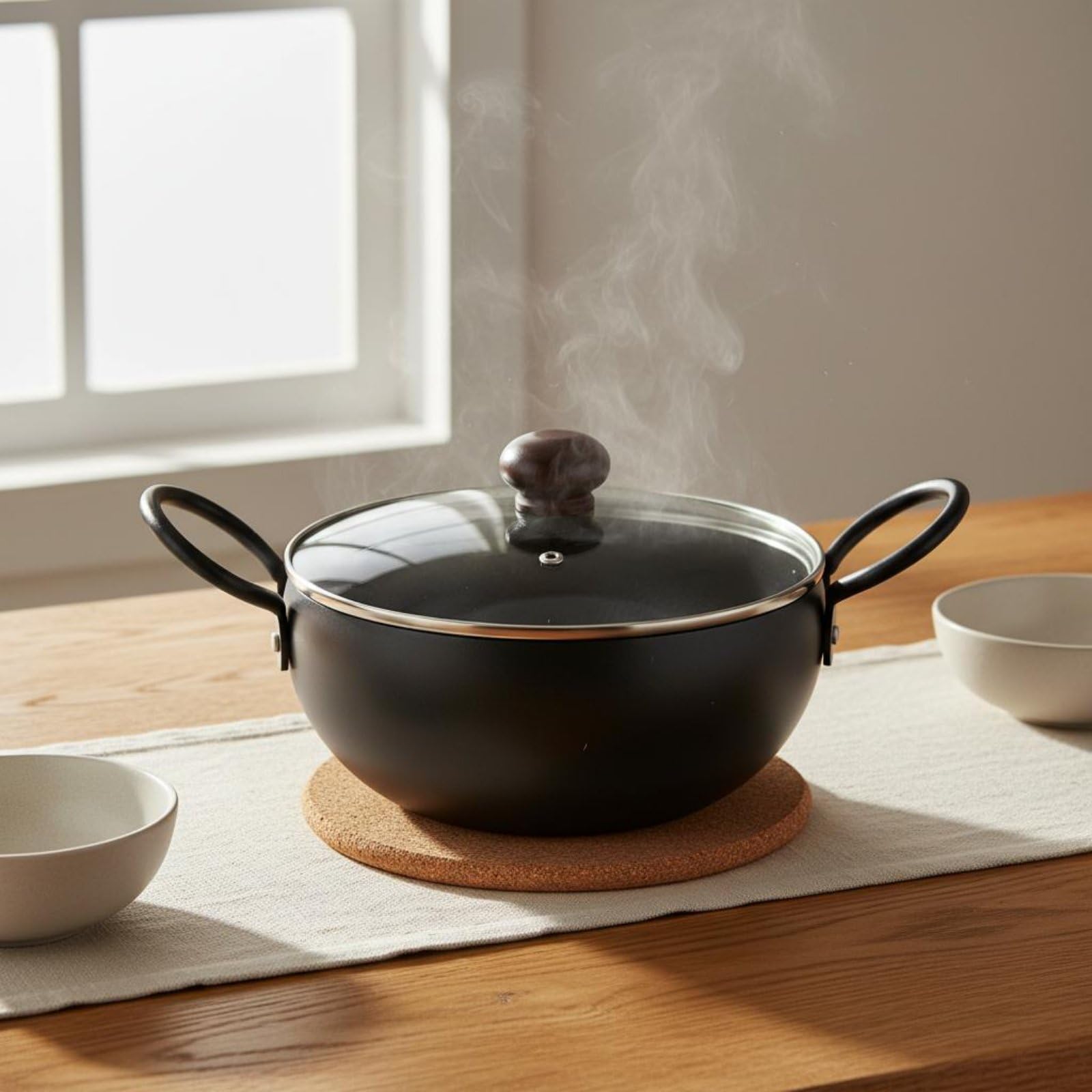 Olla de Hierro Martillado con Tapadera de Vidrio Templado Cazuela Caldero Retención de Constante y Cocción sin Recubrimientos Adecuada para Estofados, Tapa De Vidrio