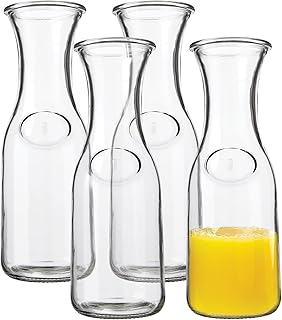 Glass Carafe - 1 Liter Drink Pitcher & Elegant Wine Carafe Decanter - Carafe Set of 4 - Mimosa Bar Carafes & Juice Glasses - Easy Pour Bottles - Glass Water Carafe, 34 oz