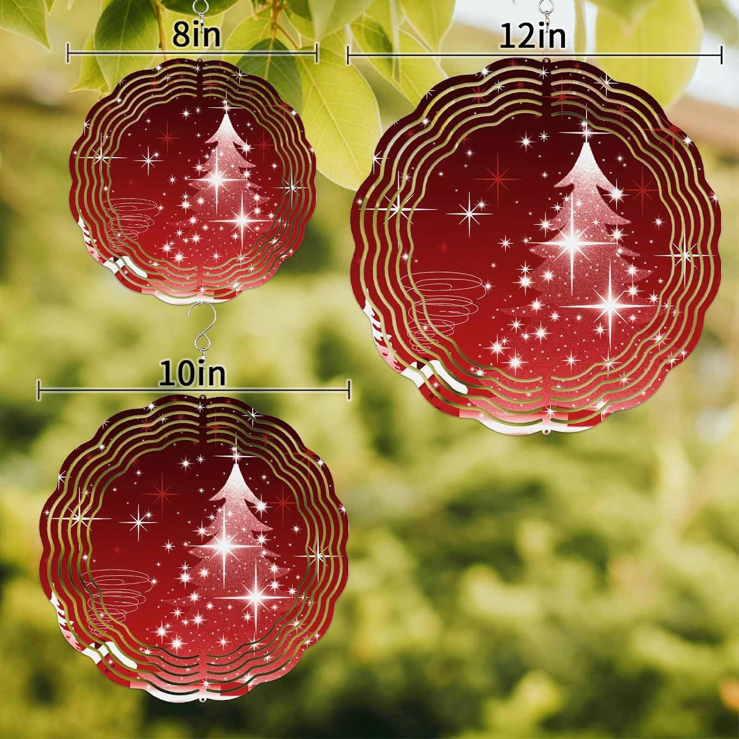 Christmas Metal Wind Spinners Shiny Starry Red Christmas Tree Decoration Background 3D Wind Spinners for Yard and Garden Hanging Wind Sculptures for Christmas Decorations 8 Inch