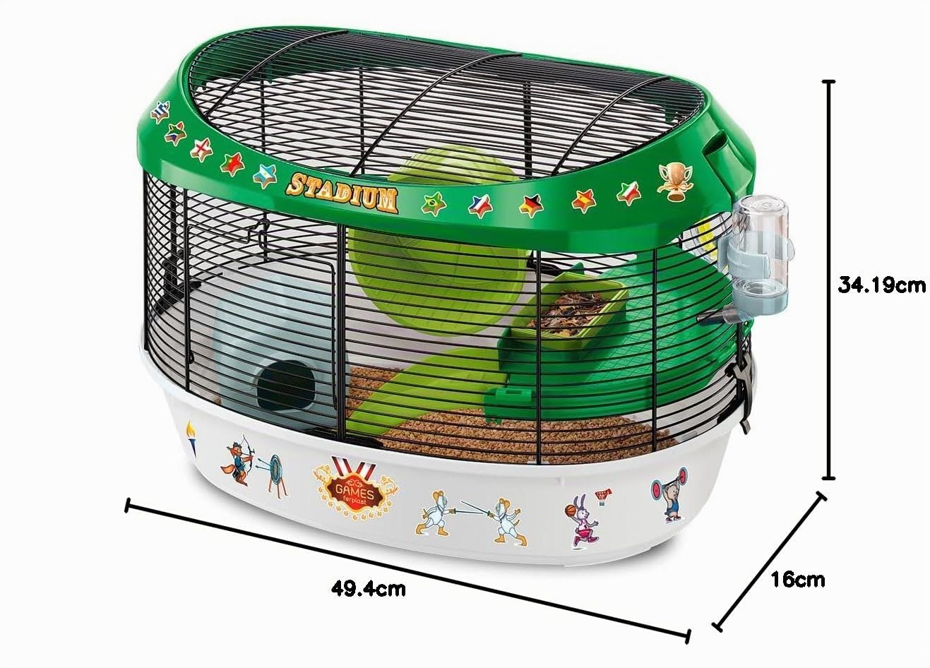 FERPLAST Gabbia Roditori STADIUM per Criceti, Topolini, in Metallo, Accessori inclusi: Mangiatoia, Beverino, Casetta, Ruota, Ripiano, Scaletta, Adesivi Decorativi. 49,5x34xh33cm