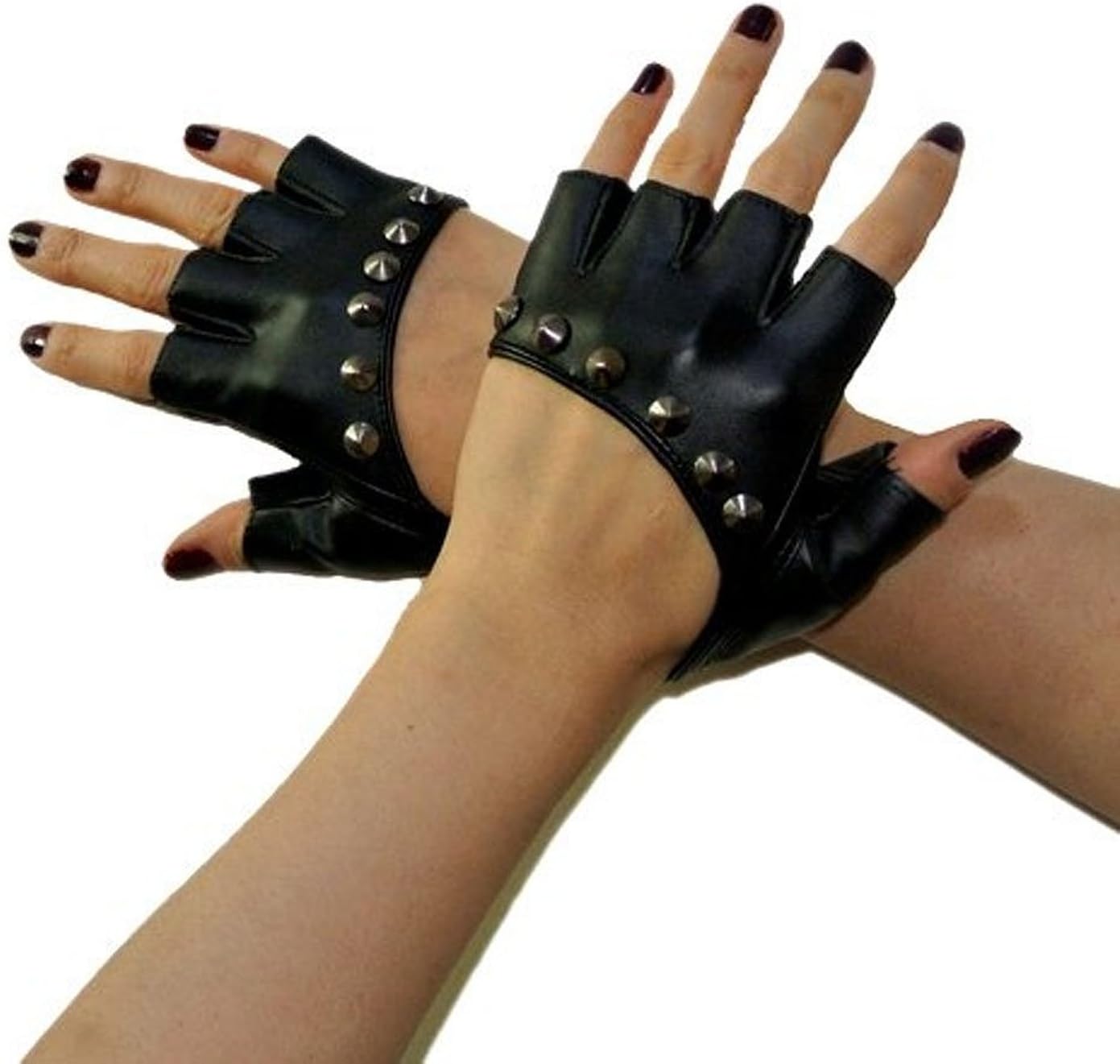 Women's Black Faux Leather Studded Punk Gloves, Free Size, Quantity:1 Pair