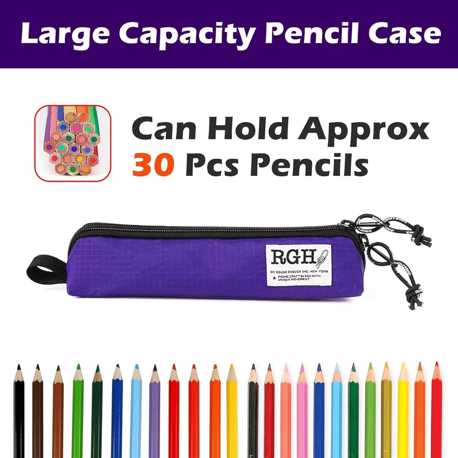 Rough Enough Small Pencil Pouch for Kids Adults, with Water-Repellent Sailcloth, YKK Zipper, Red Interior, and Stationery Organizer, for Art Supply Storage, School, Office, and Travel, Purple