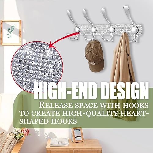 Miniatura 3 de BlackFish Perchero montado en la pared, diamantes de imitación plateados brillantes, cuatro ganchos resistentes, perchero independiente, perchero