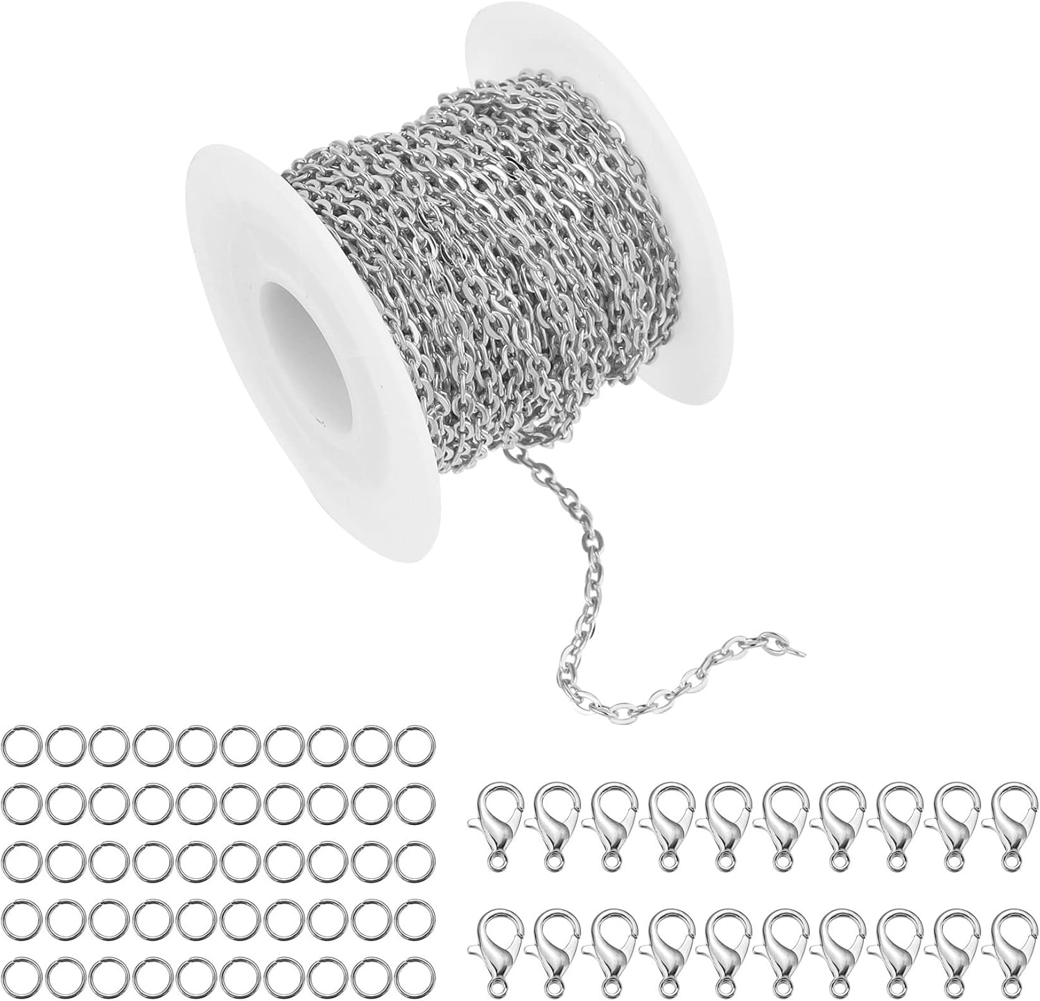 Forise 30 Feet Necklace Chains 2mm Cable Links Chain for DIY Jewelry Making, Bracelet Necklace Making Chains Set with 20Pcs Lobster Clasps 50Pcs Jump Rings