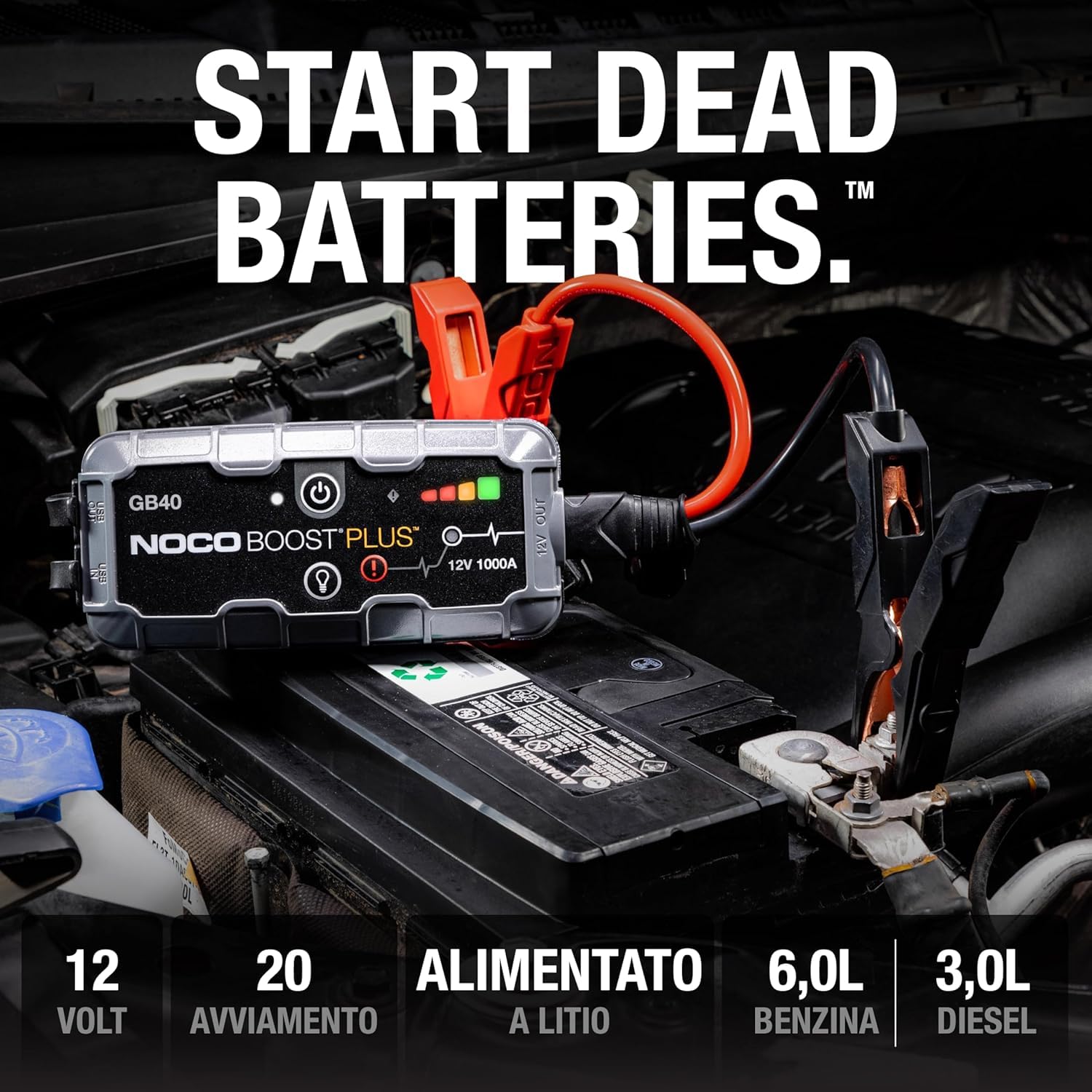 NOCO Boost GB40: Avviatore di Emergenza UltraSafe 1000A – Booster Batteria al Litio 12V, Caricabatteria Portatile Power Bank e Cavi Avviamento – Per Motori Benzina fino a 6.0L e Diesel fino a 3.0L