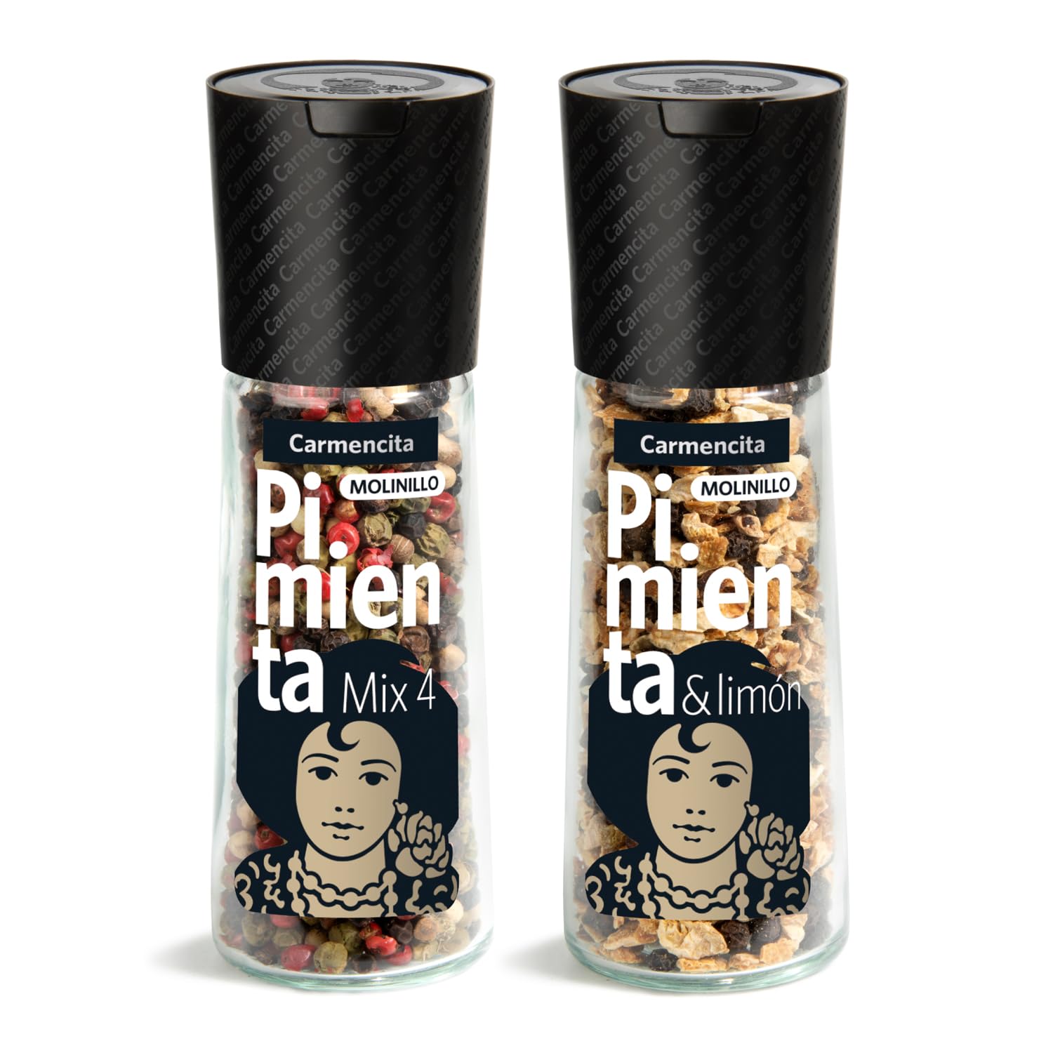 CARMENCITA - Pack 6 Molinillos Pimientas | Pimienta Negra | Pimienta de Jamaica | Pimienta Blanca | Pimienta Negra y Limón | Pimienta Verde | Mix Pimientas | Especias recién molidas para tus comidas
