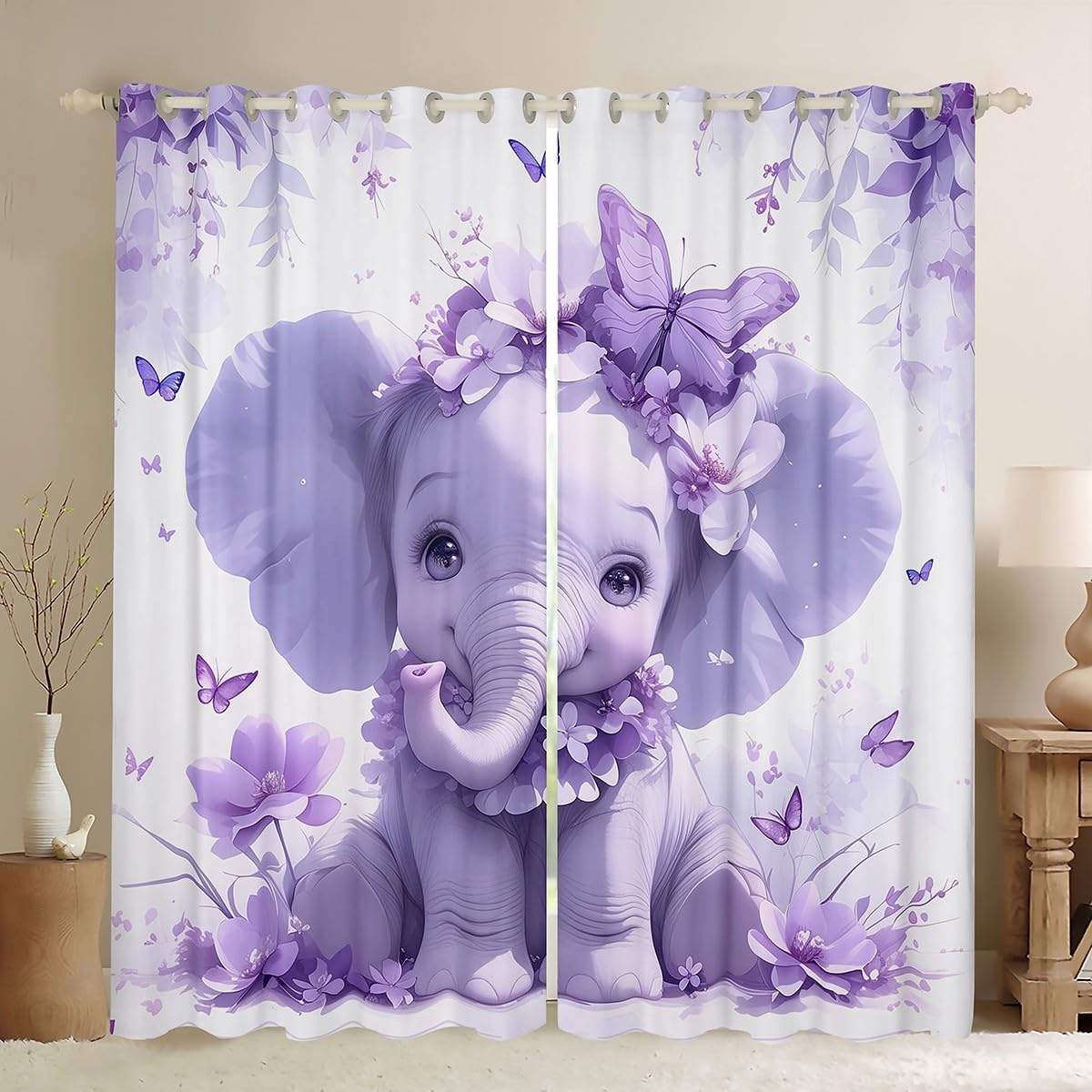 Purple Elephant Window Curtain For Girls,3D Elephant Kawaii Window Treatments 42"Wx63"L 2 Panels,Fantasy Purple Flower Butterfly Print Curtain,Wild Animals Cartoon Style Curtains & Drapes For Child