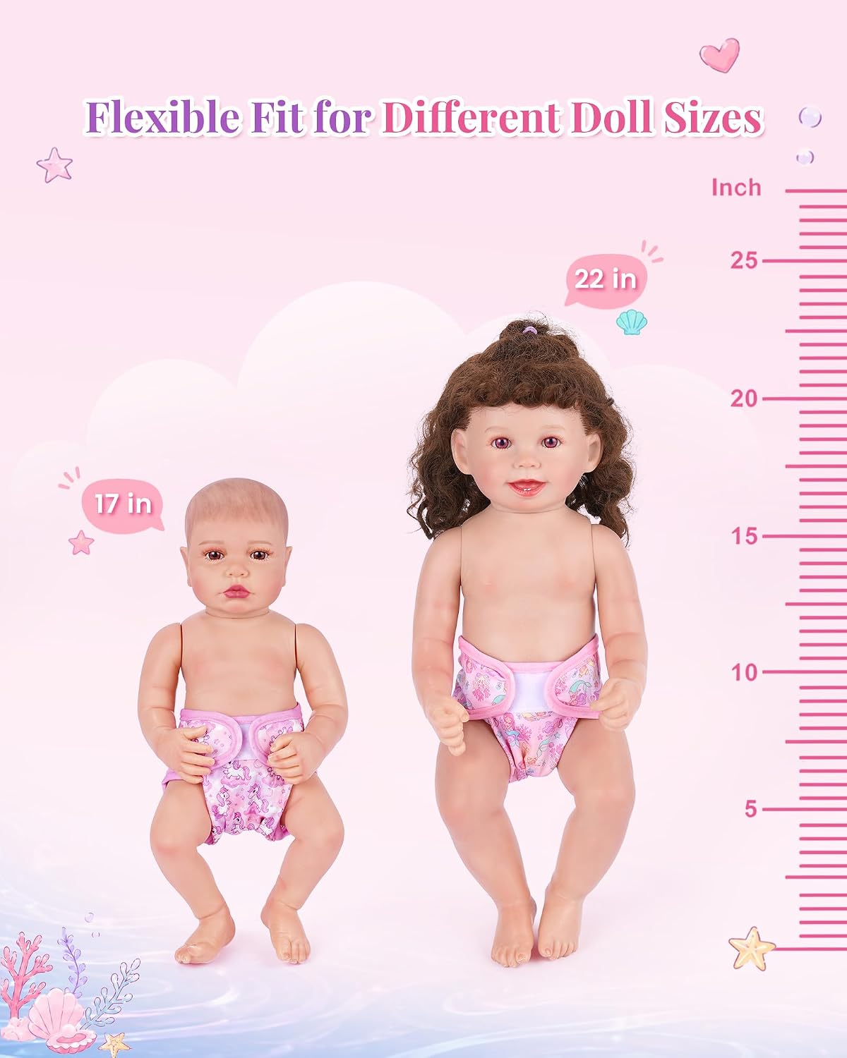 BABESIDE 4 Pack Reborn Baby Doll Diapers for 17-24 Inch Dolls, Reusable | Adjustable Waist, Washable & Reusable Doll Diapers, Practical Reborn Baby Doll Accessories, Purple Horse & Pink Mermaid Print