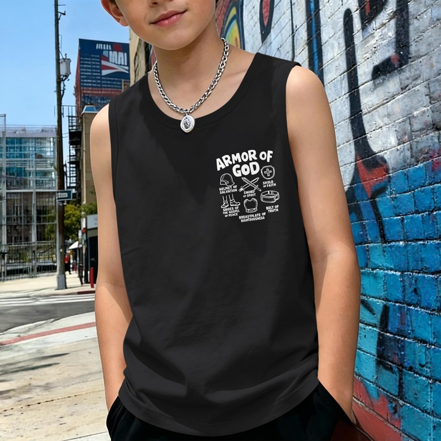 BINTEHGS Boys Armor of God Christian Tank Top Graphic Jesus Shirt Youth Sleeveless T Shirt Kids Cotton Religious Faith Shirt