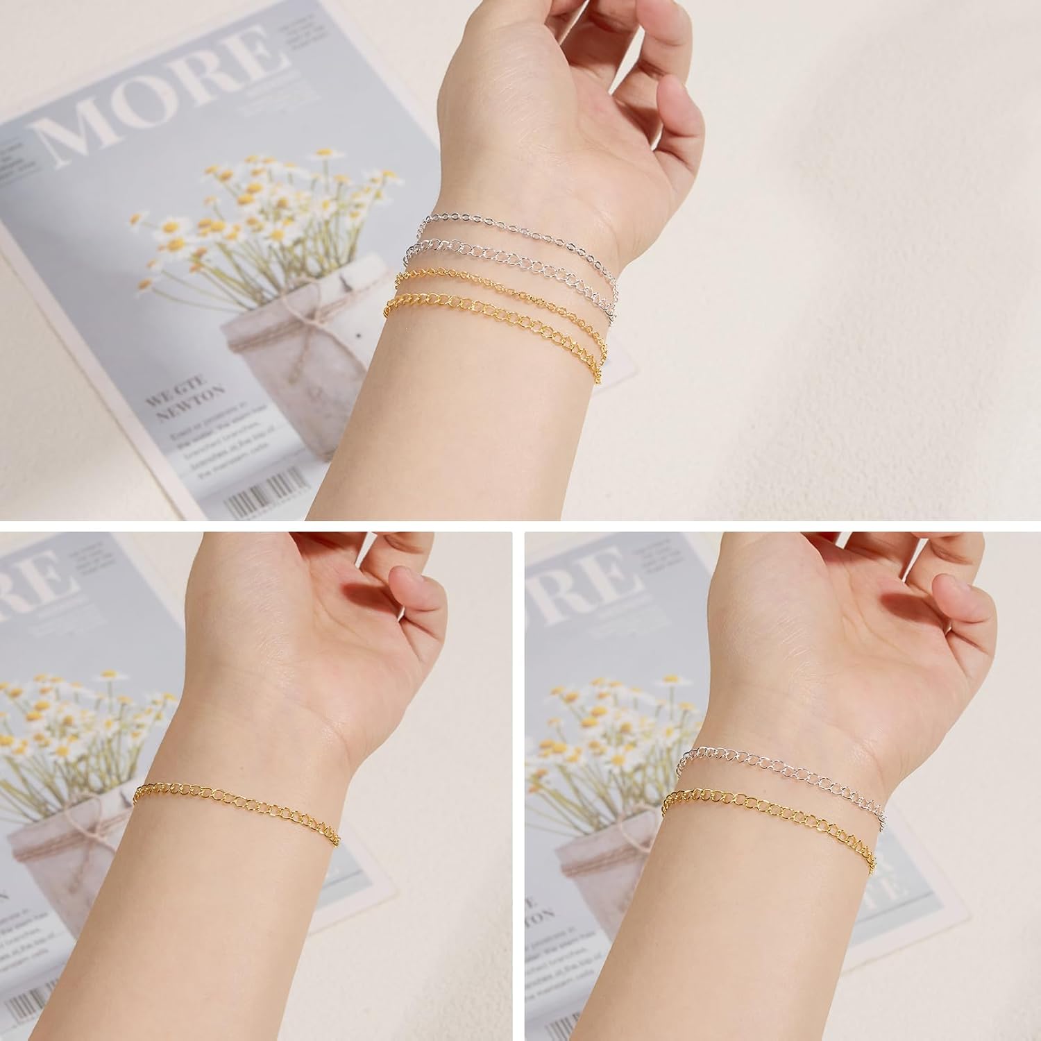 Crisjanggo 2 Rolls Total 65.6 Feet Gold and Silver Chain for Jewelry Making Stainless Steel Curb Chains Roll Bulk with Lobster Clasps and Jump Rings - Image 3