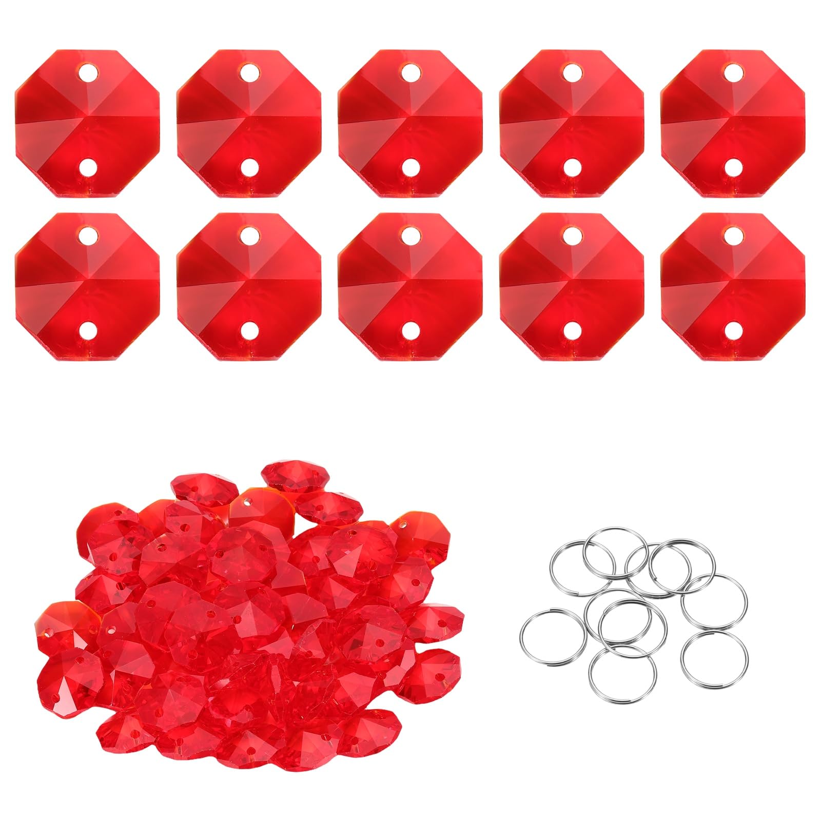 sourcing map 50Pcs 2 Hole Crystal Octagon Beads, 14mm K9 Glass Hanging Chandelier Bead Prisms Part with Stainless Steel Ring for Crystal Chandelier Lamp Pendant Jewelry, Red