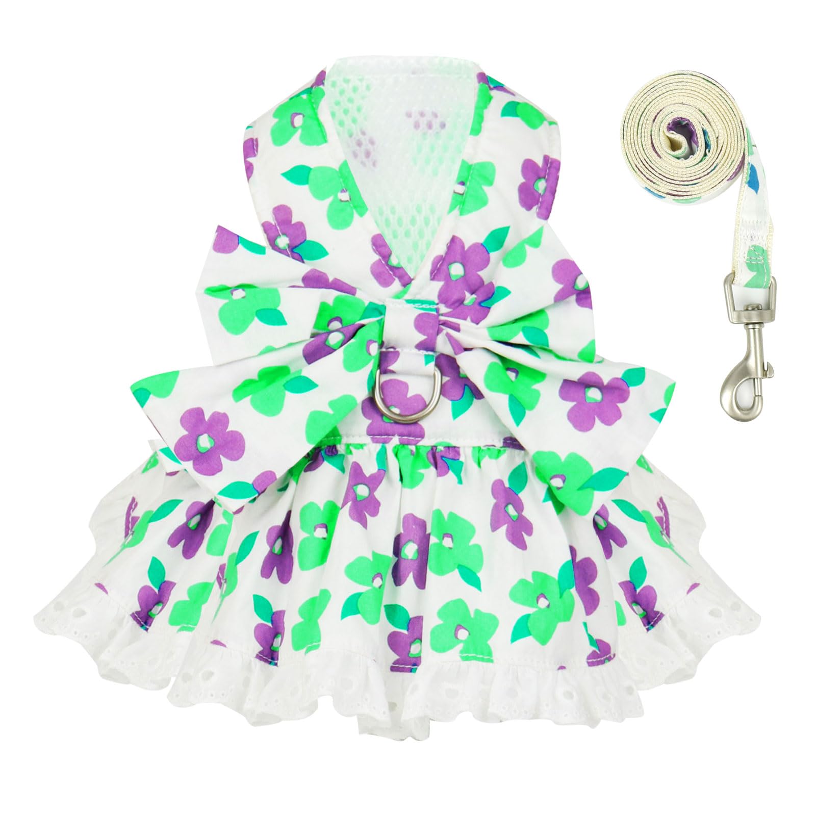 ABRRLO Dog Harness Dress Leash Set for Small Dog Summer Clothes Girl Female Puppy Cats Outfits Cute Floral Bowknot Princess Birthday Dress for Extra