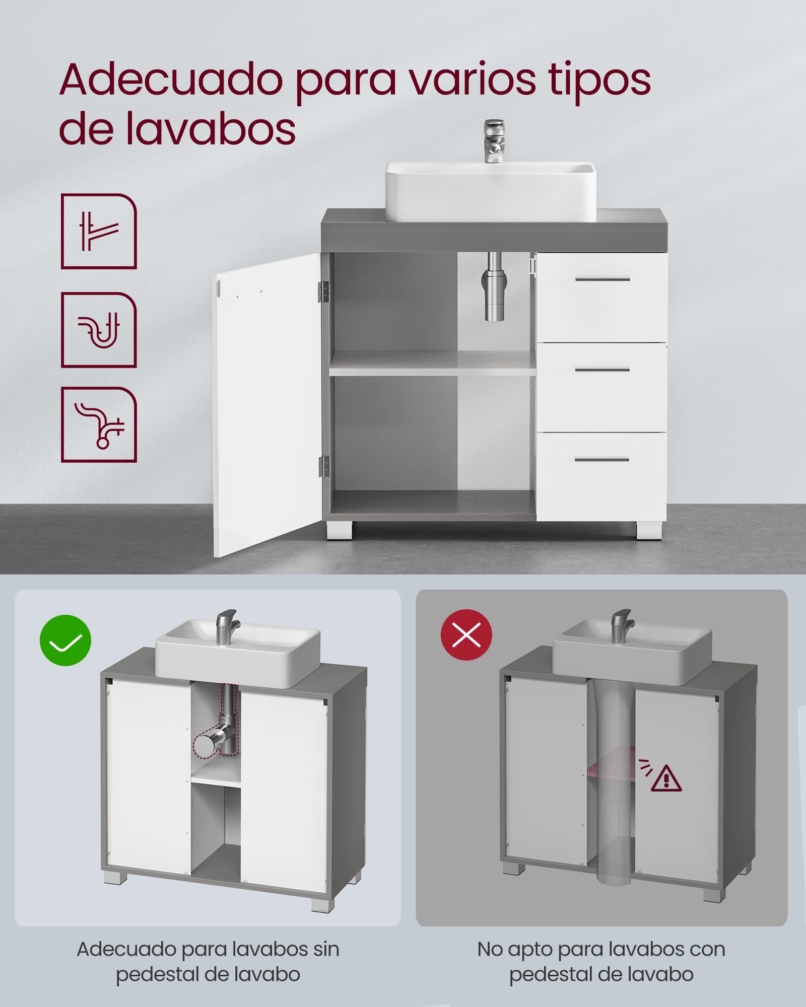 VASAGLE Mueble Bajo Lavabo, Armario de Baño, 3 Cajones, 2 Compartimentos Detrás de la Puerta, con Pies, 30 x 70 x 64 cm, Gris Cemento y Blanco Nube BBK503T49