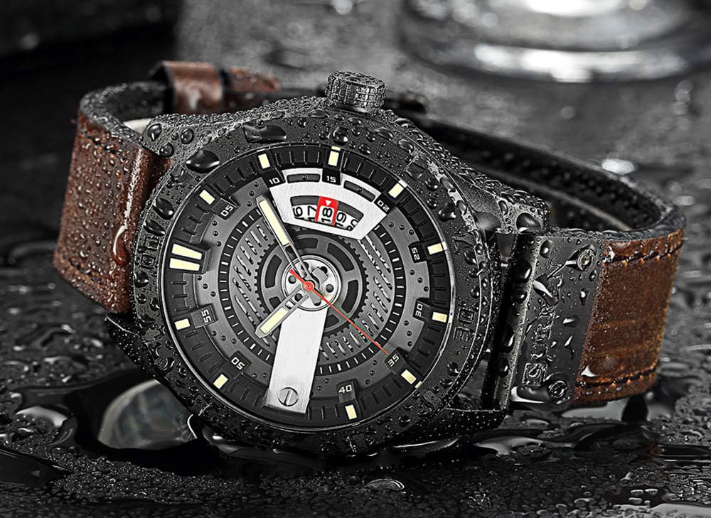 FANMIS Mens Leather Strap Watches Sandwich Dial Black Plated Stainless Steel Classic Casual Dress Waterproof Date Analog Quartz Watch (Black)