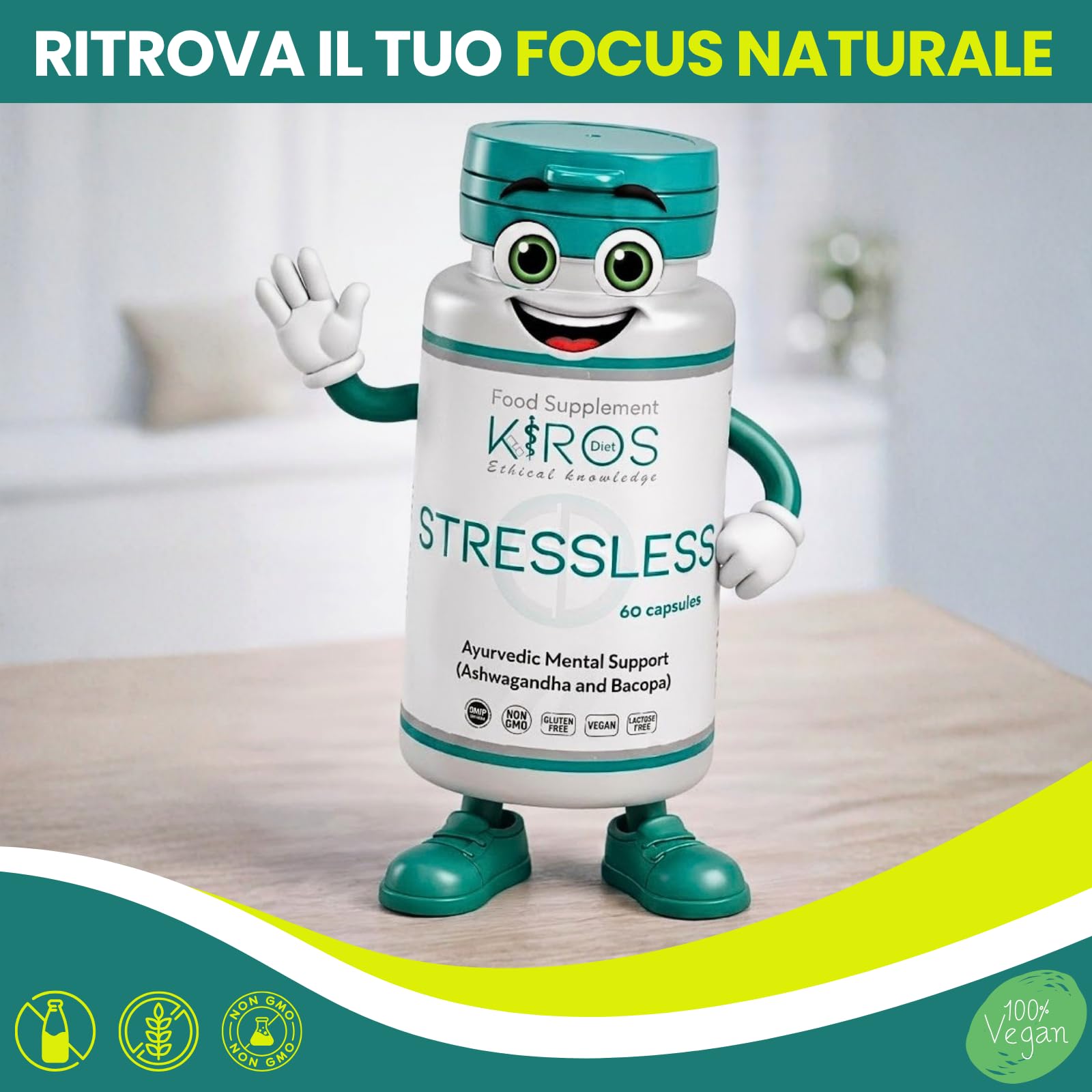 KIROS STRESSLESS – Ashwagandha KSM-66® 600 mg con Bacopa Monnieri – Integratore per Stress, Concentrazione, Memoria ed Equilibrio Mentale – 60 Capsule Vegane, Senza Glutine e Senza Lattosio