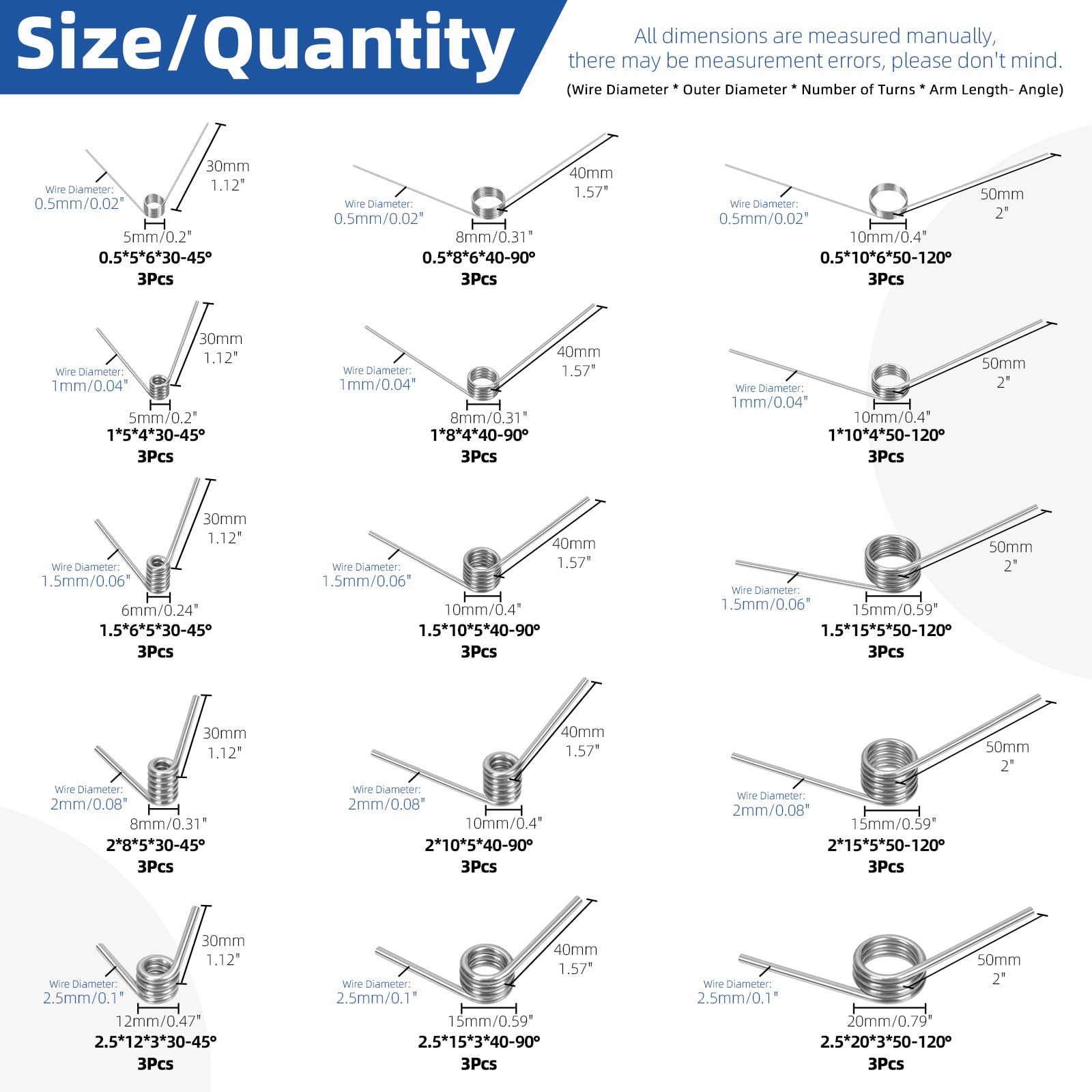 Glarks 45pcs 15 Größen V-geformte Rückfedern, Winkel 45/90/120 Grad Edelstahl Torsionsfeder, 0.5/1/1.5/2/2.5MM Drahtdurchmesser Torsionsfedern für Werkzeuge Wartung und Tischlerei Reparatur DIY