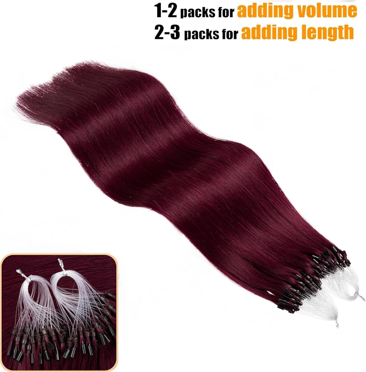 Kun Na Human Hair Extensions Wine Red Micro Beads Hair Extensions Real Human Hair Burgundy Micro Loop Extensions 22 Inch 50g #99J - Image 4