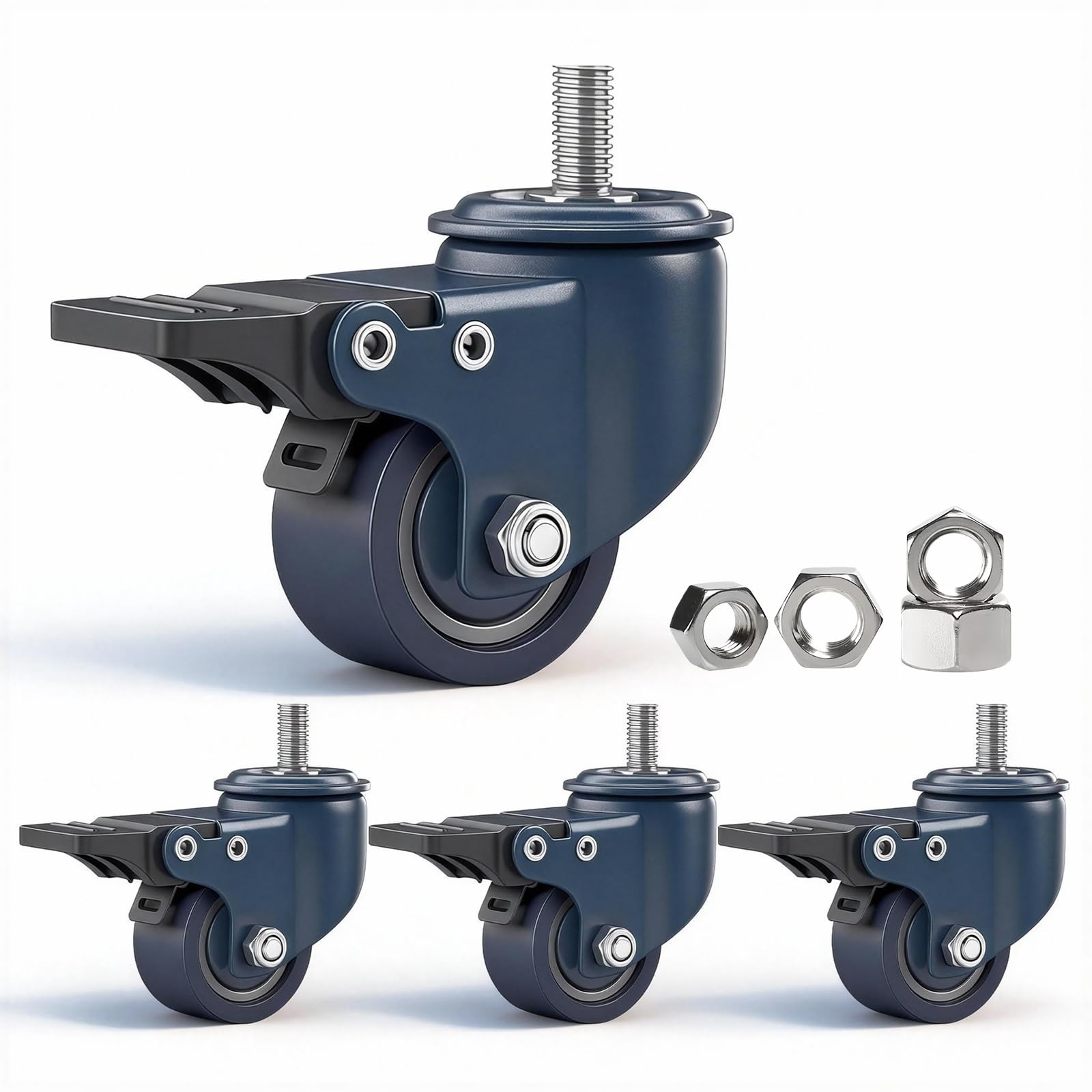 Photo 1 of 1.6 Inch Blue Polyurethane Caster Wheels, Metric M8-1.25 Threaded Stem (Screw Diameter 8mm, Length:15mm), Heavy Duty Casters Set of 4 with Locking Brakes, 450 lb Capacity for Furniture, Carts