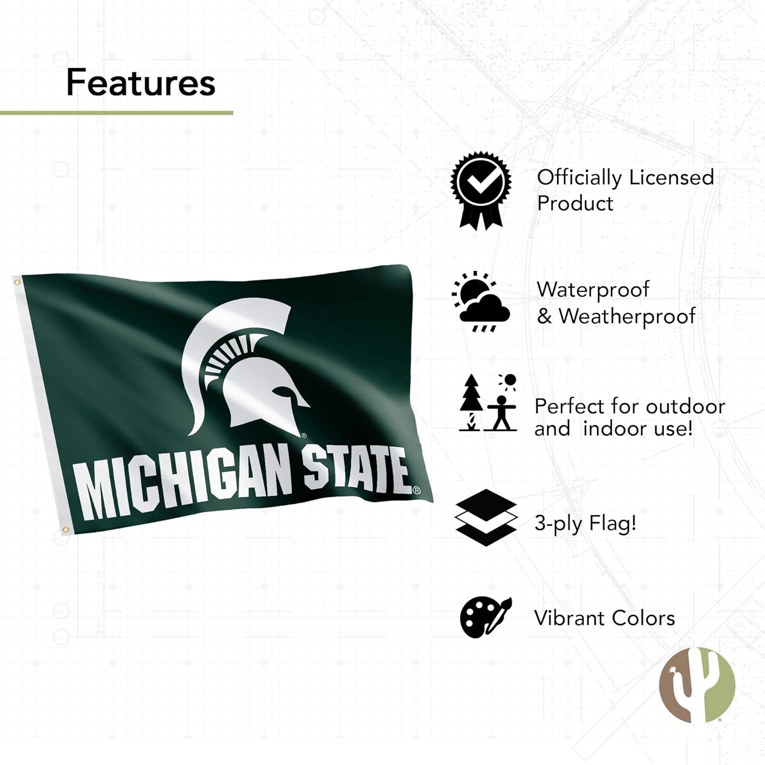 Desert Cactus Michigan State University Flag Double Sided Spartans MSU Banners 100% Polyester Indoor Outdoor 3x5 feet Flags (Double Sided - Flag A)