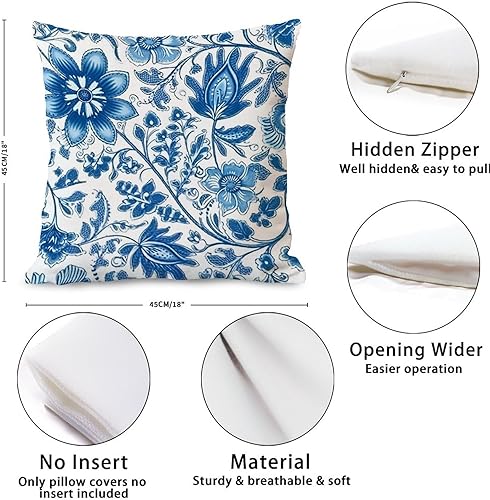 Miniatura 9 de Zyadsinoudor Blue Floral Pillow Cover Asian Oriental Pillowcase 24x24in Decorative Pillow Home Cotton Linen Elegant Throw Pillow Case for Couch Sofa