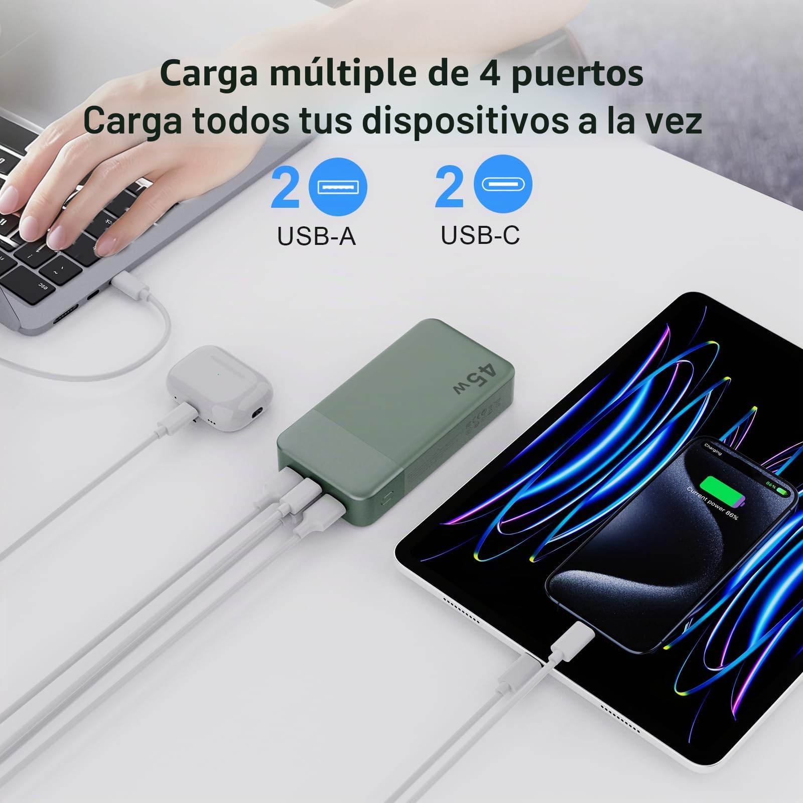 NOBIS Power Bank 45W Batería Externa Carga Rápida 20000mAh | Batería Portátil, Pantalla Digital, 2 USB‑C y 2 USB‑A, Modo Baja Corriente, Cargador Portátil, Compatible con Phone 17, S25