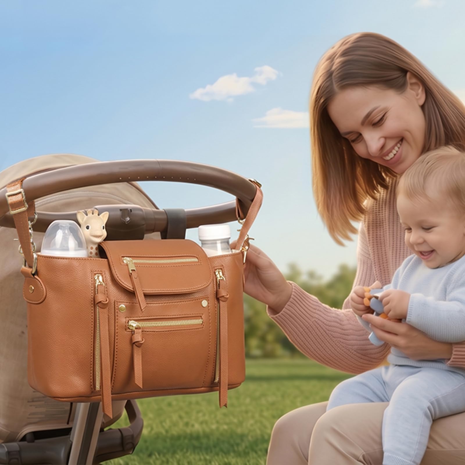 Miss Fong Kinderwagen-Organizer mit isoliertem Getränkehalter, Kinderwagen-Zubehör mit verstellbarem Gurt, passend für alle Kinderwagen (braun)