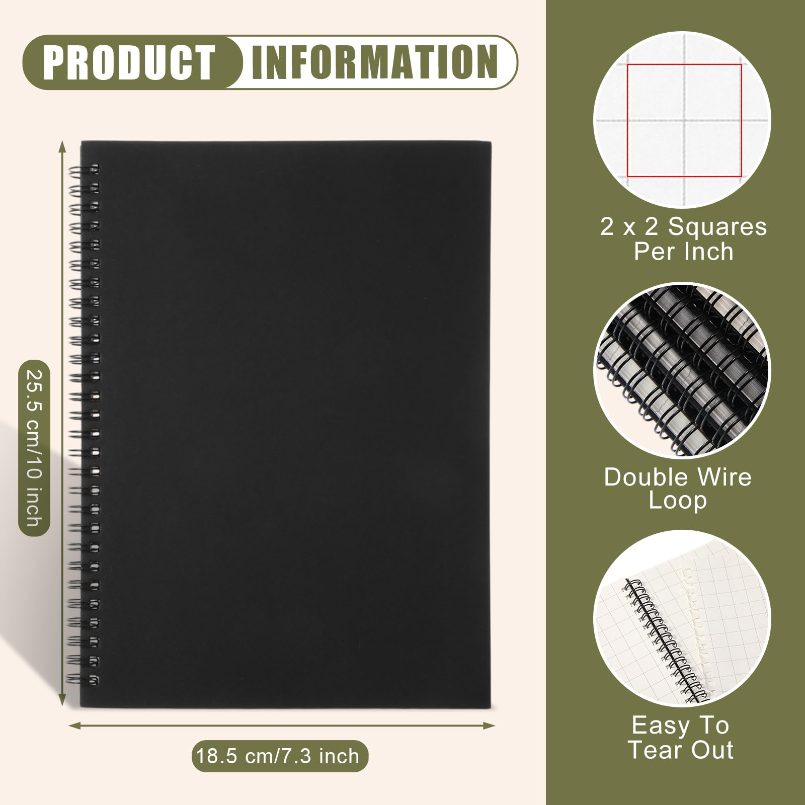 Resurhang Confezione da 6 quaderni a spirale B5 con copertina rigida, 18,5 x 25,4 cm, carta a quadretti quadretti, 160 pagine, per matematica, ingegneria, grafico, scuola (2 x 2 griglie)