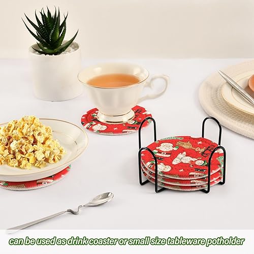 Miniatura 6 de innewgogo Santa Friends Christmas 6 Pcs Absorbent Drink Coasters for Tabletop Protection Handmade Round Woven Coaster with Holder & Heat Water