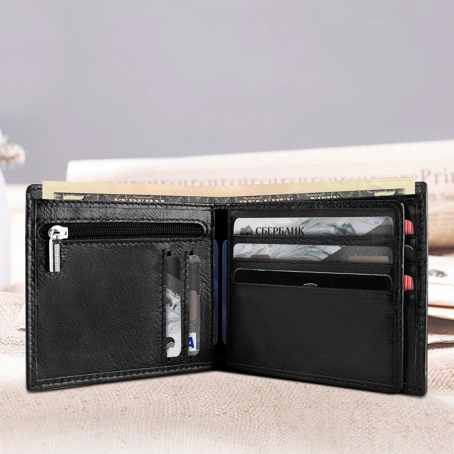 LYOOMALL Wallet for Men, Large Capacity Genuine Leather RFID Blocking Bifold Wallet/Credit Card Holder for Men, with Coin Pocket, Zipper Cash Pocket, ID Window and 10 Card Slots - Image 6