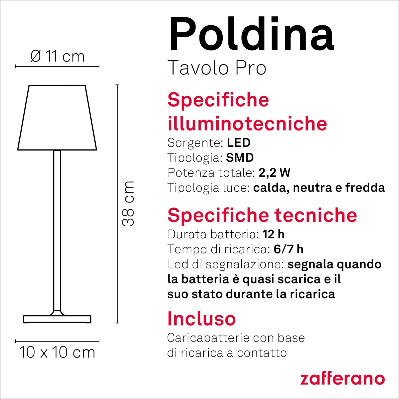 Zafferano, Lampada Poldina Pro, Lampada da Tavolo Ricaricabile e Senza Fili con Controllo Touch, Utilizzabile anche come Lampada da Esterni, Dimmer, 2200-3000 K, Altezza 38 cm, Colore Bianco