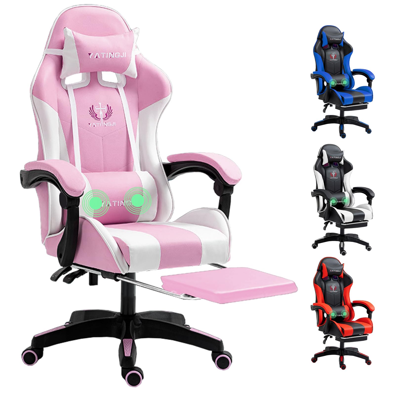Gaming Chair with Adjustable Backrest, Ergonomic Executive Office Chair, Height Adjustable Racing Chair Maximum Gaming Experience (Pink&White Massage)