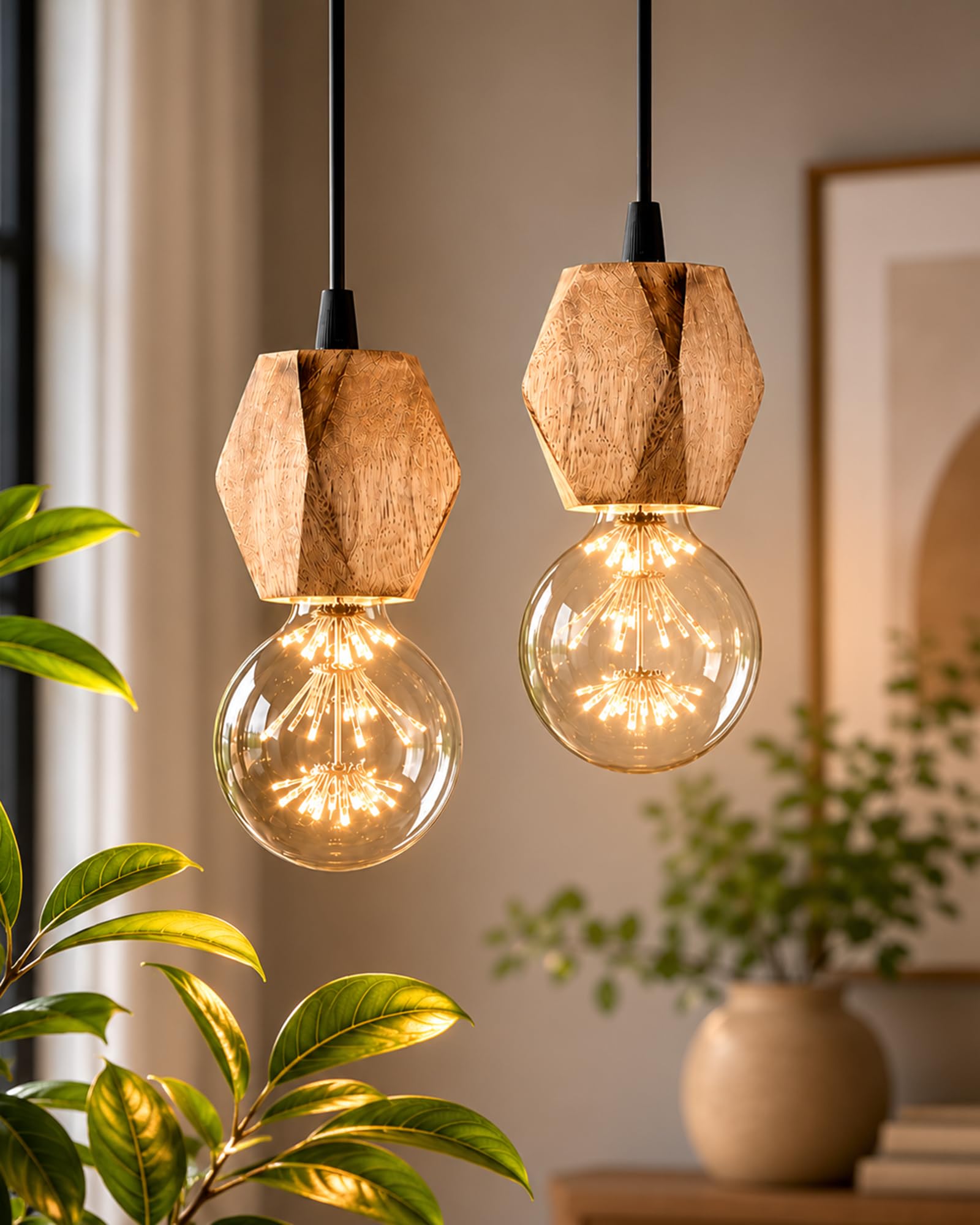 Homesake®Wooden Natural Finish Hanging Holder Lamp, Hexagon, Set of 2-image-0