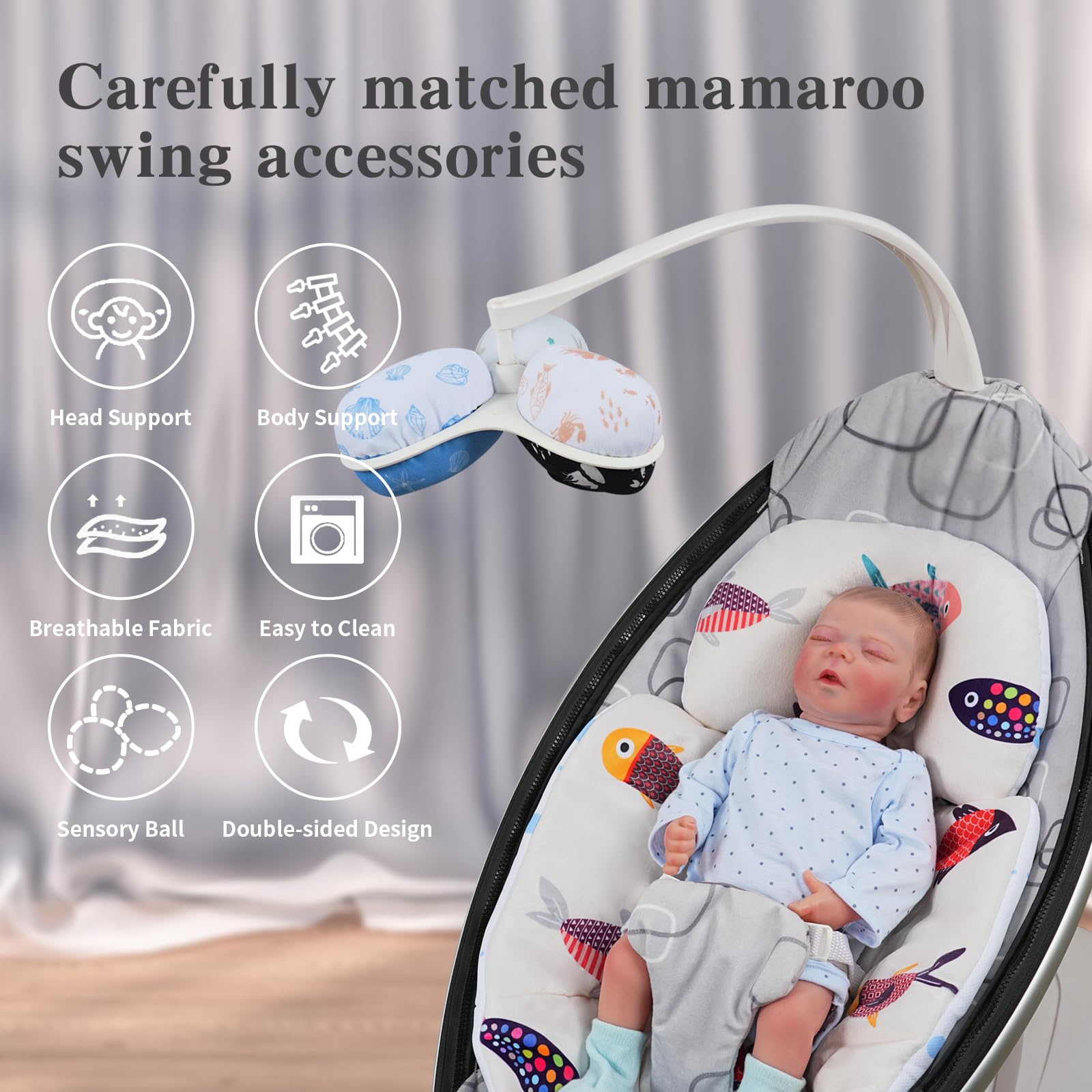 Mamaroo Newborn Insert and 3Pcs Mamaroo Replacement Toy Balls, Breathable Reversible Mamaroo Infant Insert Compatible with 4moms Mamaroo Baby Swing & RockaRoo, Head & Body Support, Machine Washable