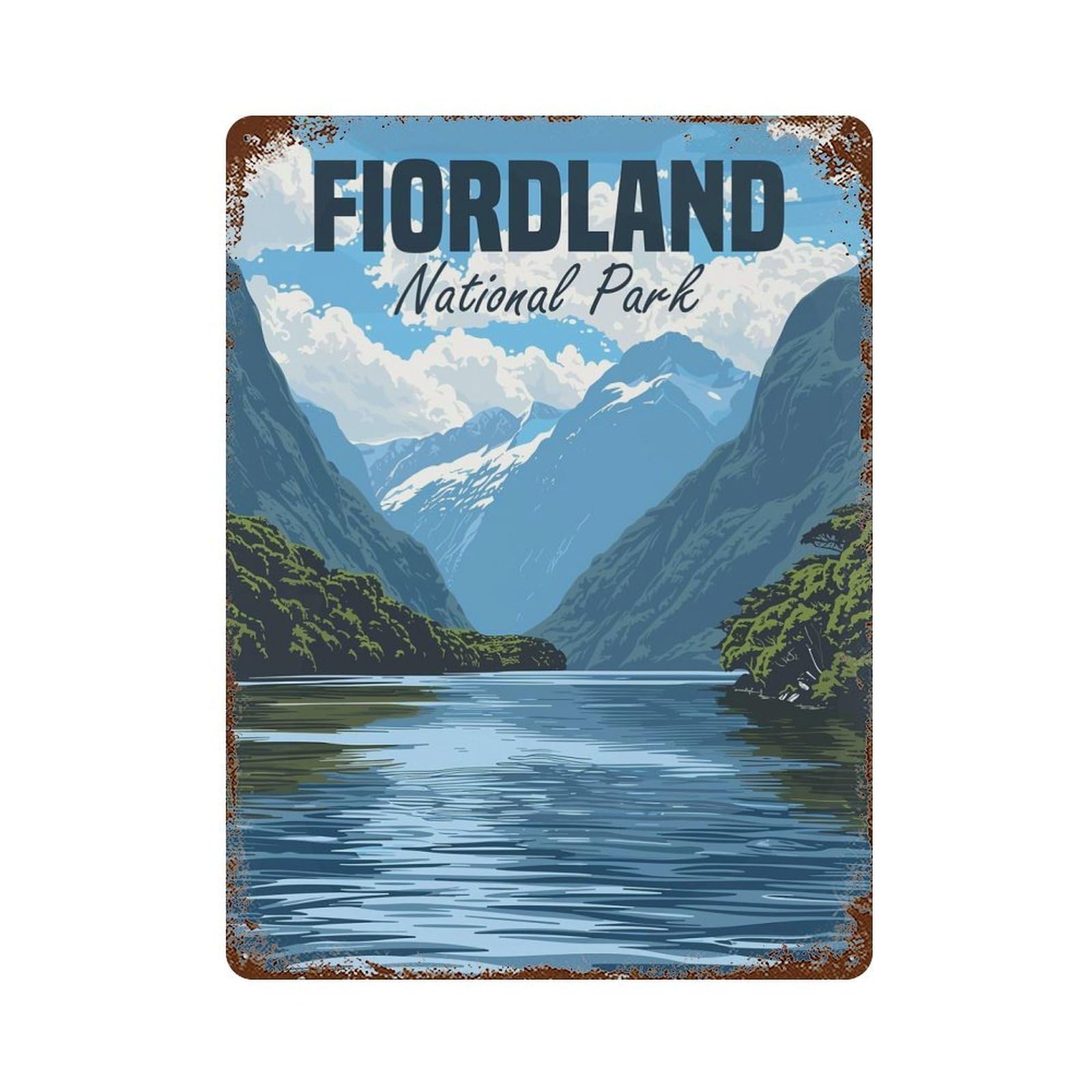 Decorative Tin Sign with Fiordland National Park Design 15.7"x11.8", for Garage, Bar And Workshop Decor, Decorative Metal Wall Art