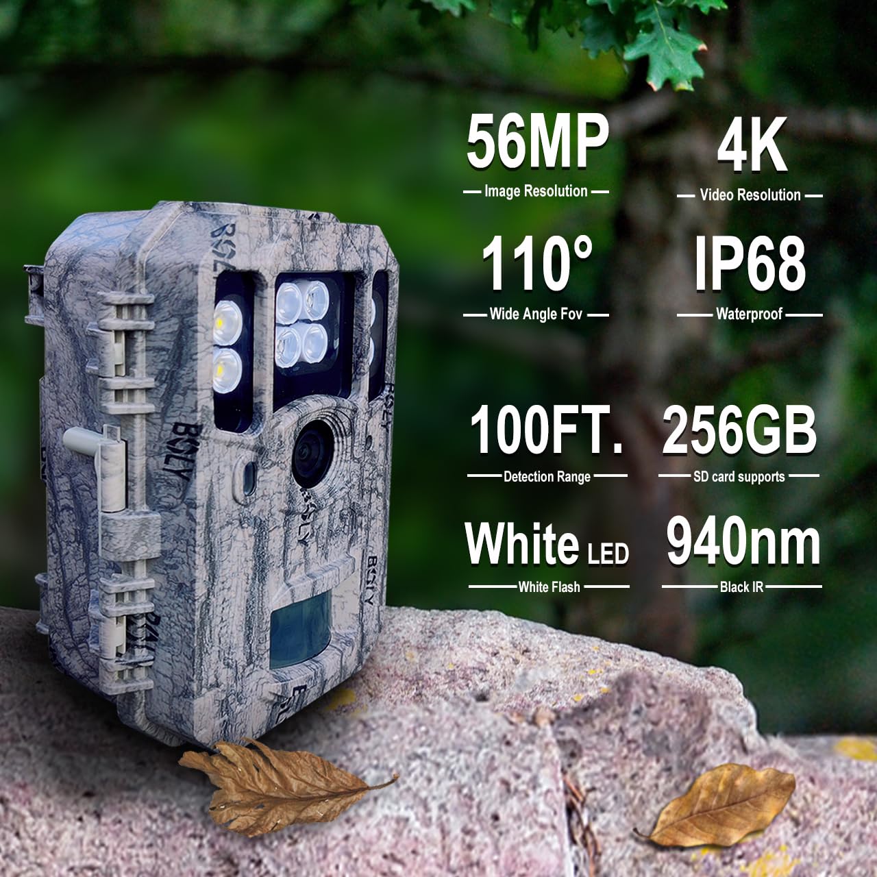 BolyGuard Trailkamera,Wildkamera 56MP Jagdkamera 4K Dual Objektiv Weiß LED mit 940nm unsichtbarem Blitz 100 -Fuß -Erkennungsunterstützung wasserdicht Fotofalle für Revierüberwachung 512G BG662-HQ