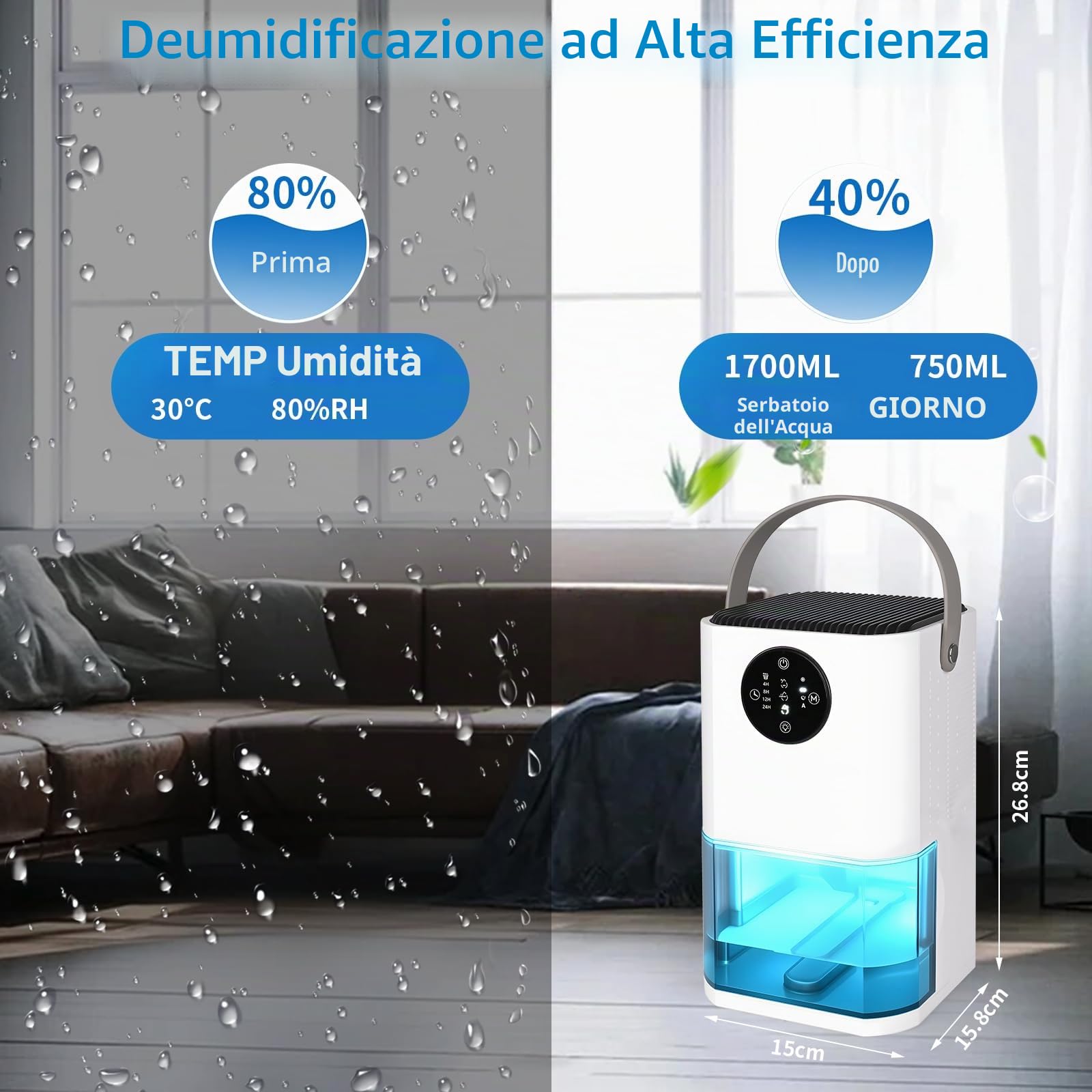 Dreamhigh® 1.7L Deumidificatore Casa, Spegnimento Automatico e Luce LED Colorata, Ultra Silenzioso, Per Max 35㎡, Deumidificatore per Camera da Letto e Armadio-750ML/Giorno