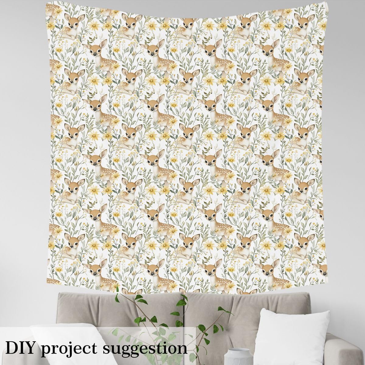 Cartoon Deer Fabric by The Yard,Green Leaves Watercolor Flowers Decor Fabric for Sewing Supplies,Cute Antlers Wild Animal Rustic Fabrics Soft Polyester No Stretch,Green 1 Yard,36" L x 59" W image 4