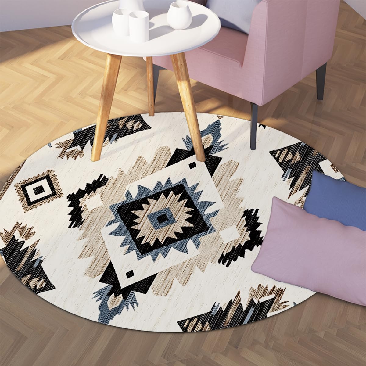 Dywany okrągłe Native Southwest Geometric Ivory Washable Carpet Flanela Short Hair Base Non-slip Folding Rug Salon Sypialnia Salon 200cm