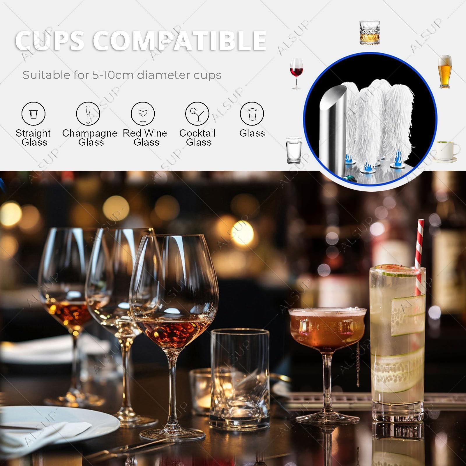 Pulidora eléctrica de copas de vino, diseño de acero inoxidable, cepillos extraíbles, secado instantáneo para bares, restaurantes, hoteles, cocinas, 3 cabezales